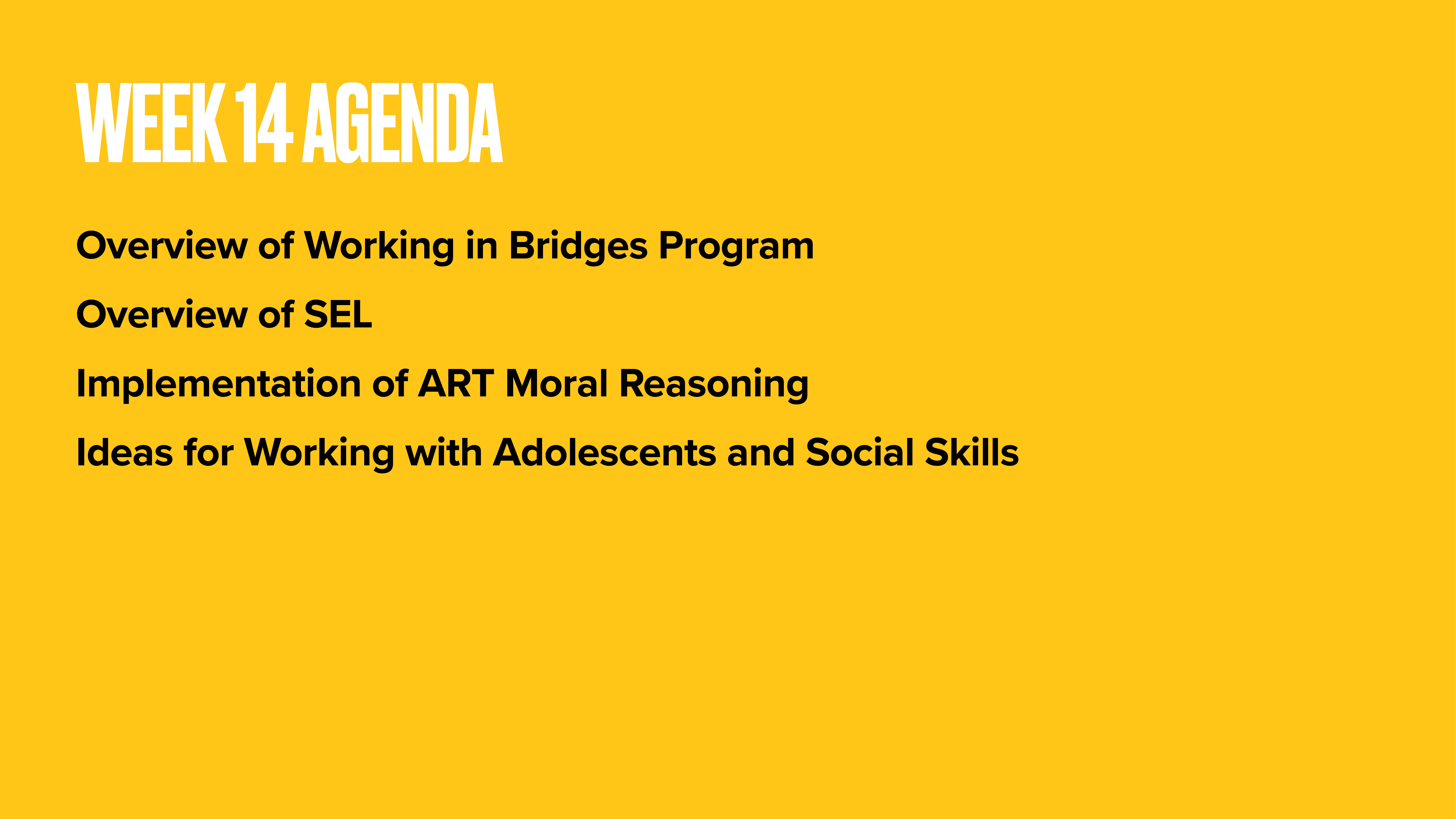 Slide displaying 'Week 14 Agenda' with topics: Overview of Working in Bridges Program, Overview of SEL, Implementation of ART Moral Reasoning, and Ideas for Working with Adolescents and Social Skills. Yellow background.