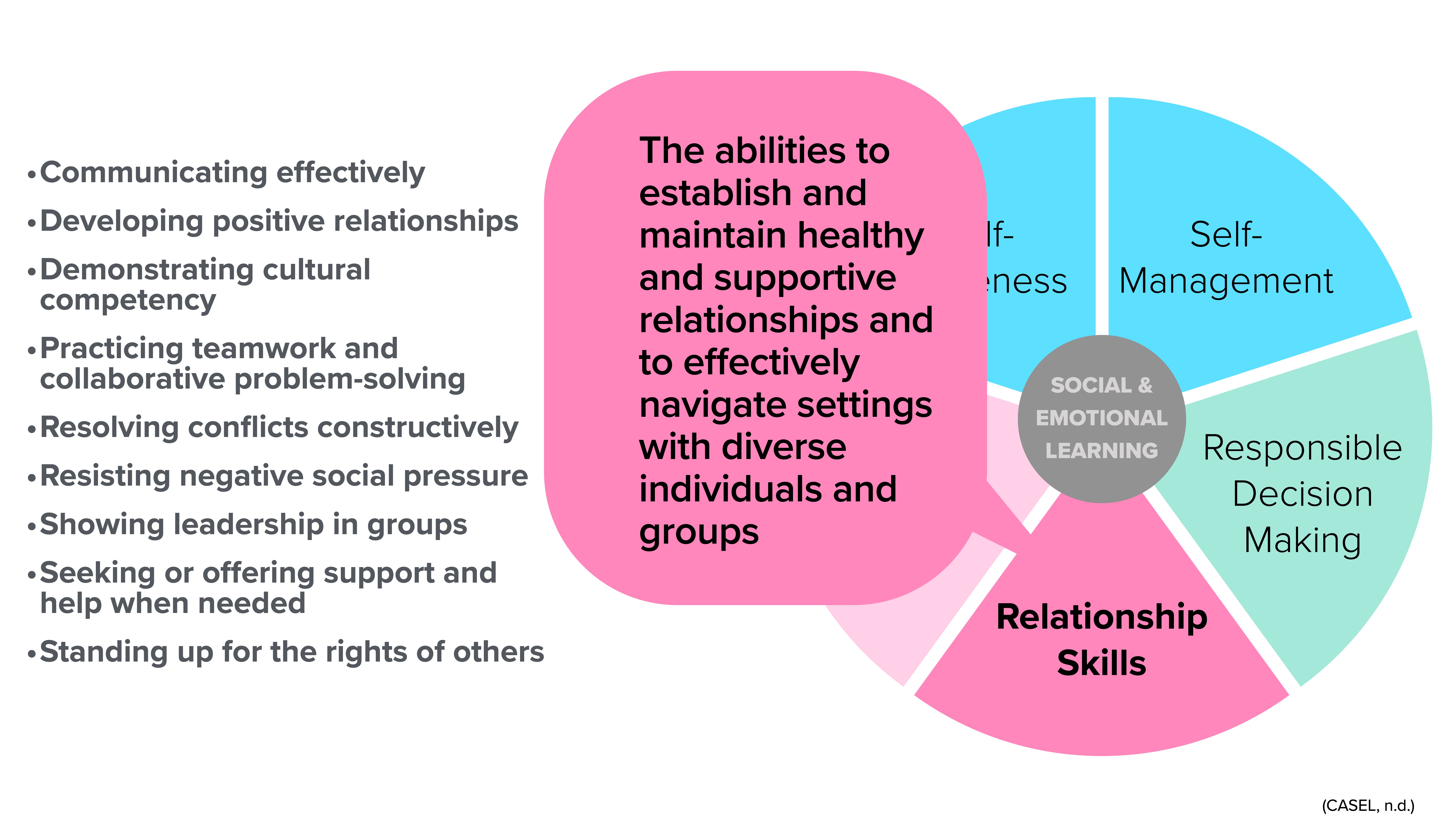 A diagram and text focus on social and emotional learning skills. The pie chart includes 'Self-Awareness,' 'Self-Management,' 'Responsible Decision Making,' 'Relationship Skills,' and emphasizes communication and leadership abilities.