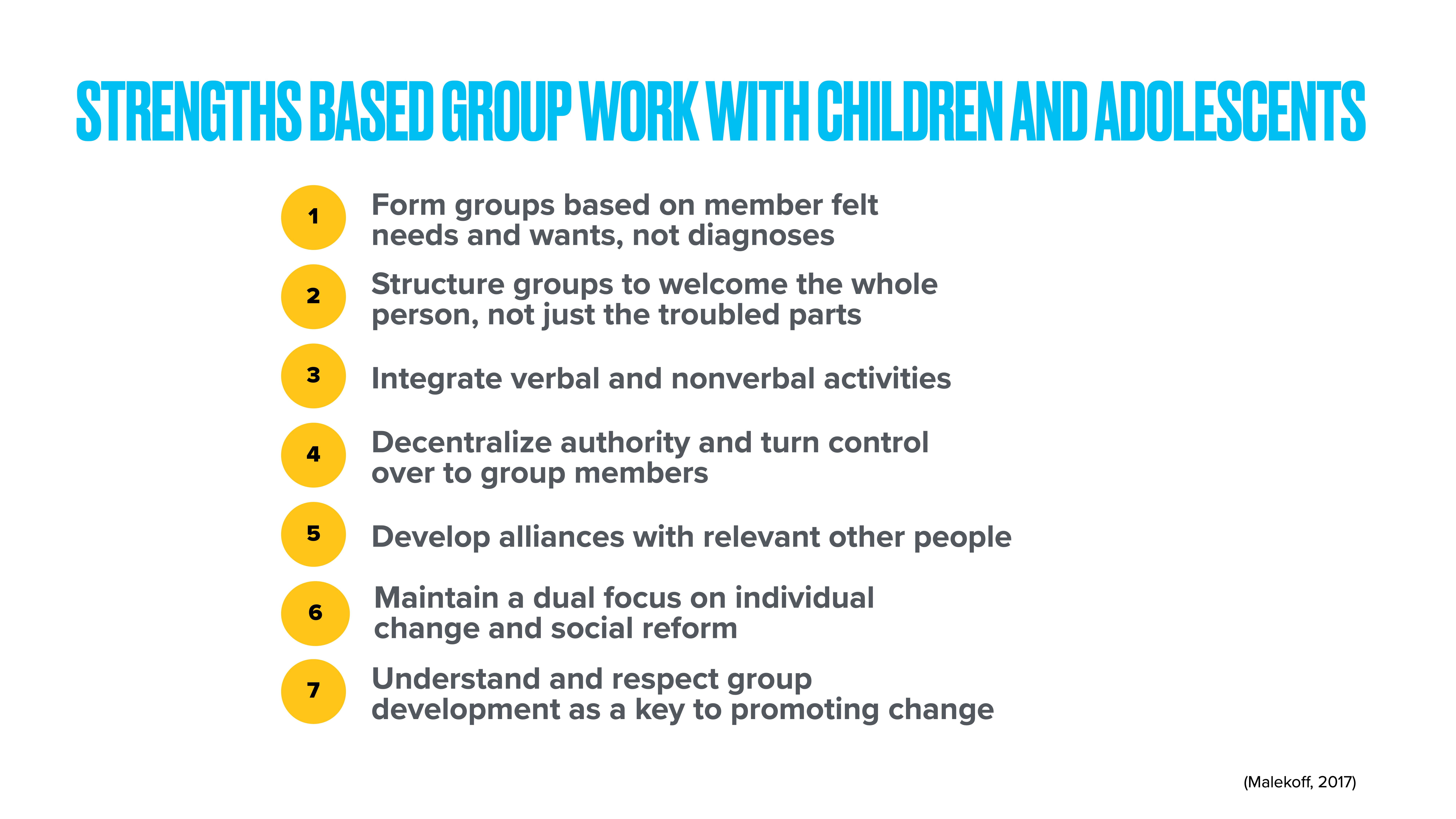 **Description**: The image is a presentation slide listing strategies for 'Strengths Based Group Work with Children and Adolescents.' Numbered points include forming groups based on needs, integrating activities, decentralizing authority, and respecting group development. Text notes '(Malekoff, 2017).'