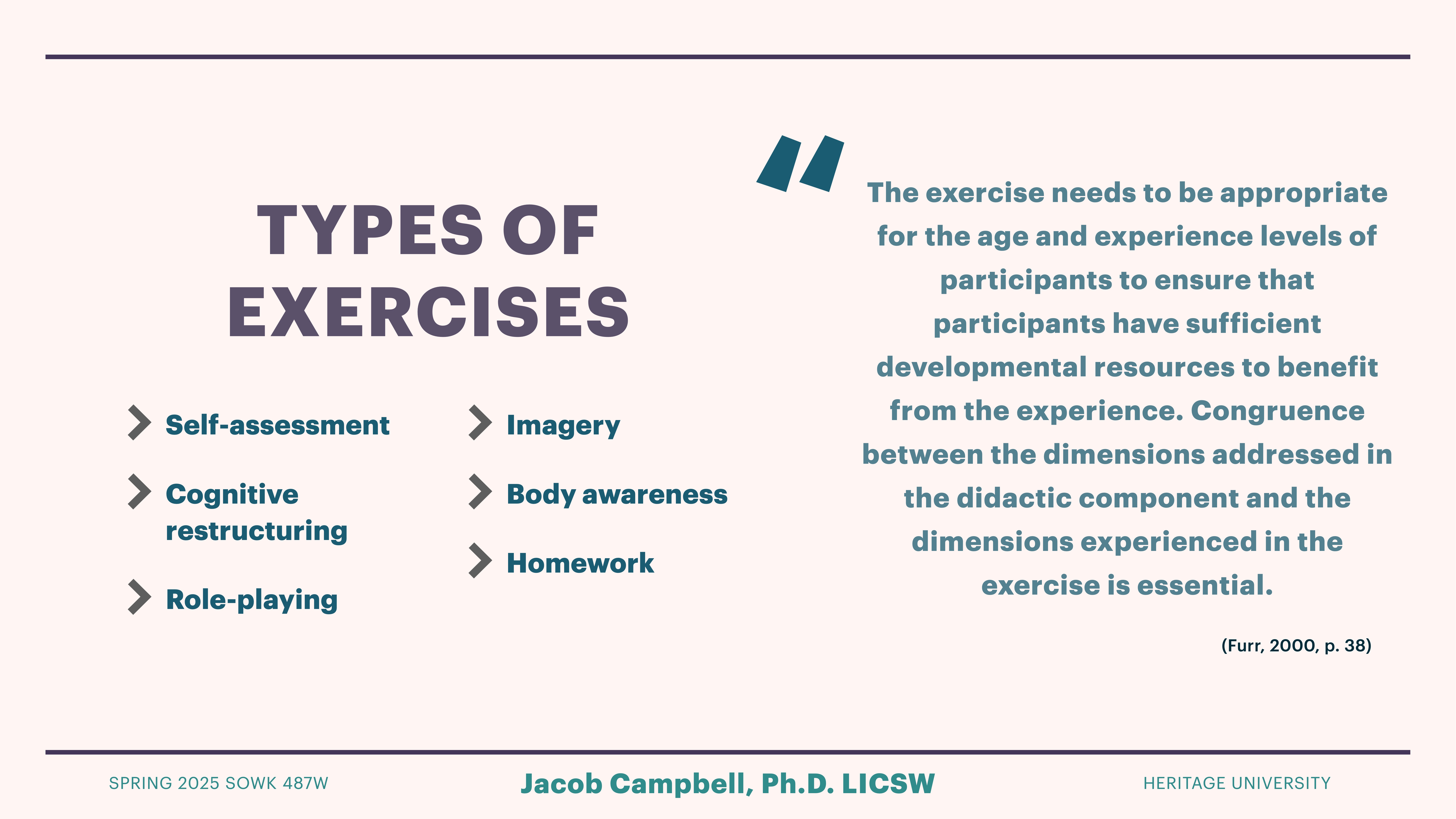 'Types of Exercises' slide lists self-assessment, cognitive restructuring, role-playing, imagery, body awareness, and homework. A quote emphasizes age-appropriate exercises ensuring developmental benefits. Spring 2025 SOWK 487W, Jacob Campbell, Ph.D., Heritage University.