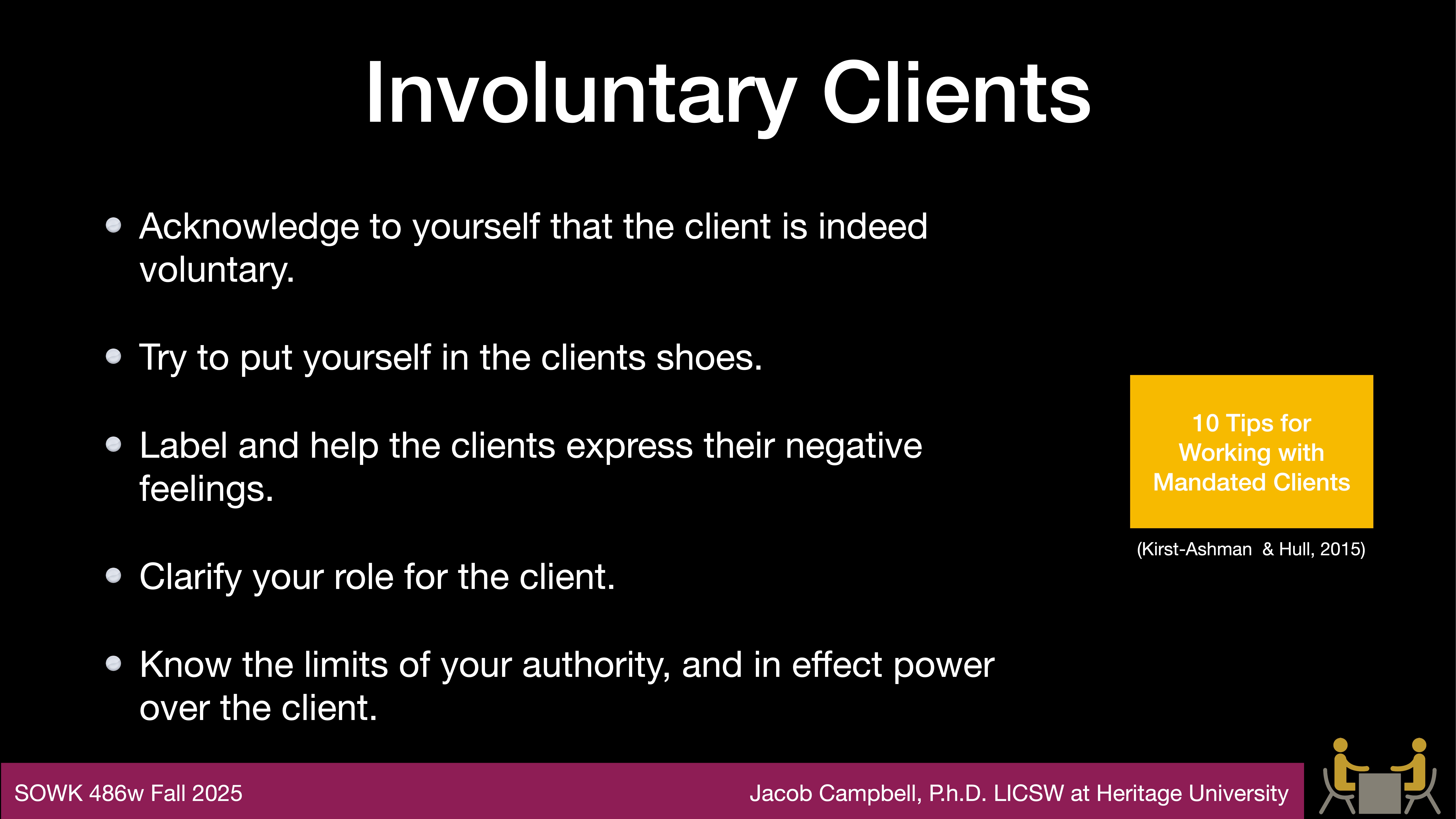 Slide titled 'Involuntary Clients' lists five tips for working with them, such as acknowledging their voluntary status. It includes a sidebar with '10 Tips for Working with Mandated Clients' by Kirst-Ashman & Hull, 2015.