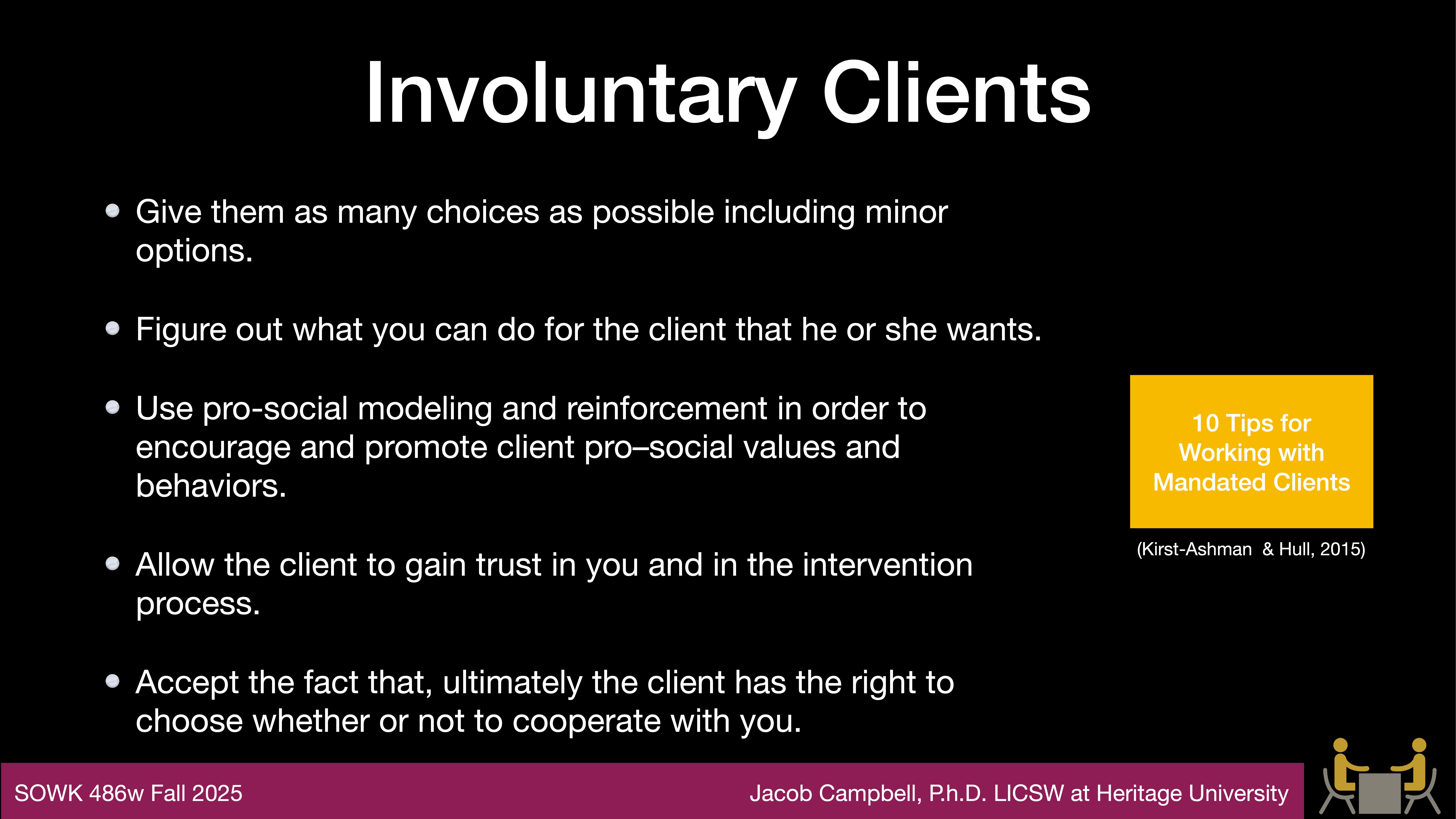 **Object**: Presentation slide  **Action**: Lists strategies for handling involuntary clients  **Context**: Slide titled 'Involuntary Clients' with tips including offering choices, fostering trust, and respecting client decisions. Includes a reference to '10 Tips for Working with Mandated Clients' by Kirst-Ashman & Hull, 2015. Text attribution to Jacob Campbell, Ph.D. at Heritage University.