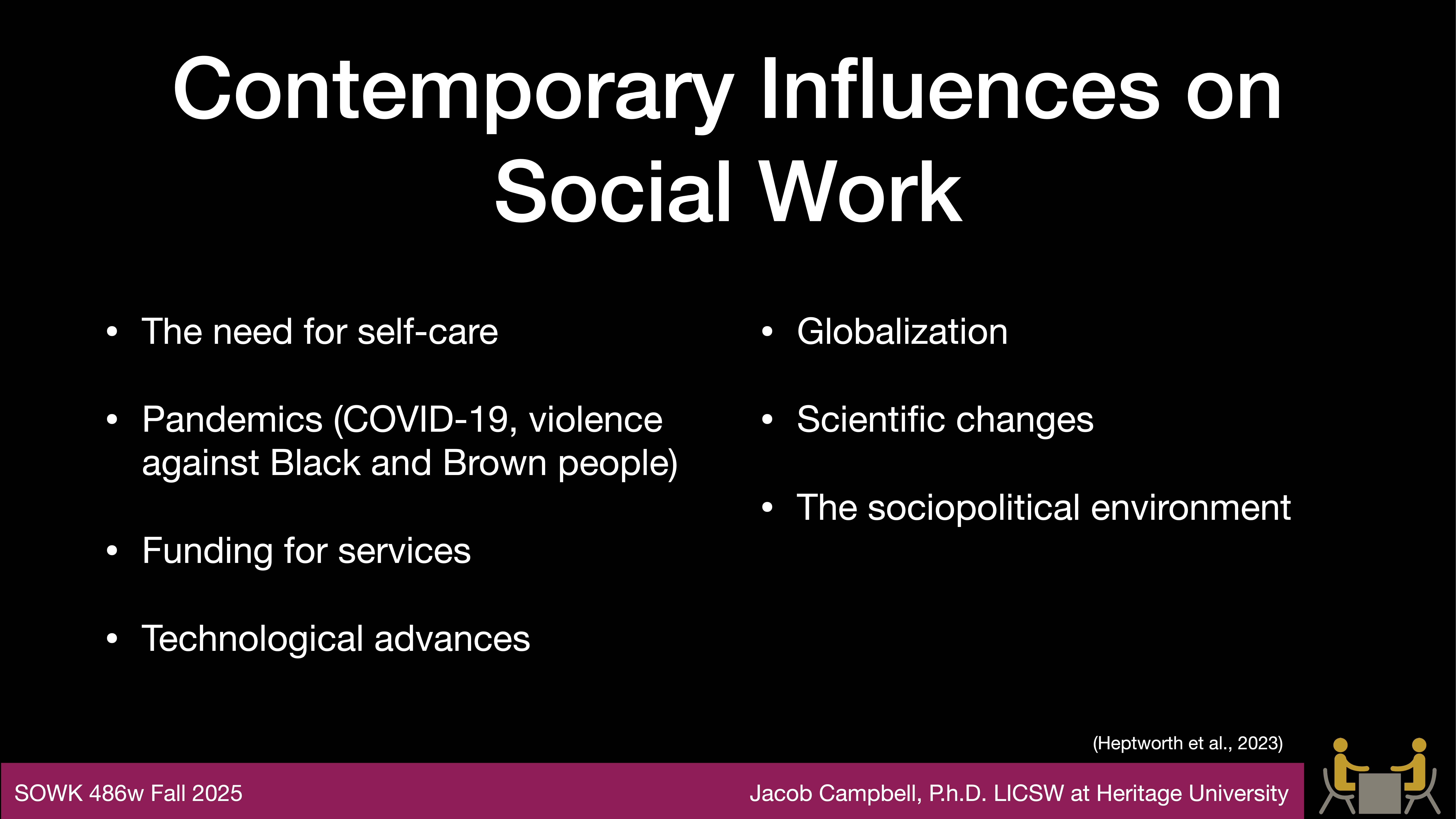 Title text presents 'Contemporary Influences on Social Work.' Bullet points list factors: self-care, pandemics, funding, technology, globalization, scientific changes, sociopolitical environment. Citation: Hepworth et al., 2023. Footer: course details.