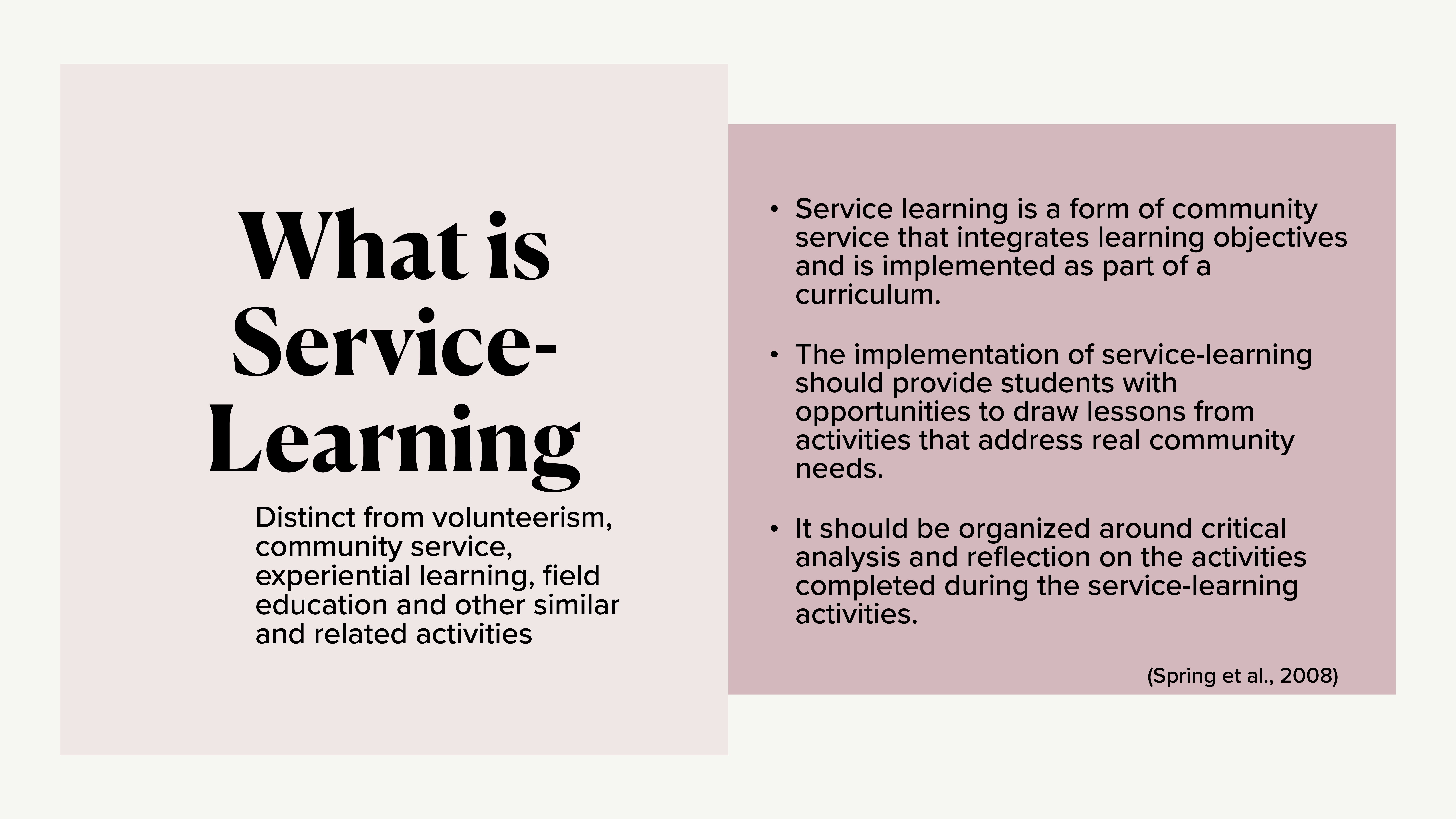 The image is a presentation slide titled 'What is Service-Learning.' It distinguishes service-learning from other activities and explains it as a curriculum-integrated community service with learning objectives. Key points include:- Service learning integrates learning objectives with community service as part of a curriculum.- It provides students opportunities to learn from activities addressing real community needs.- It involves critical analysis and reflection on completed activities.(Spring et al., 2008)