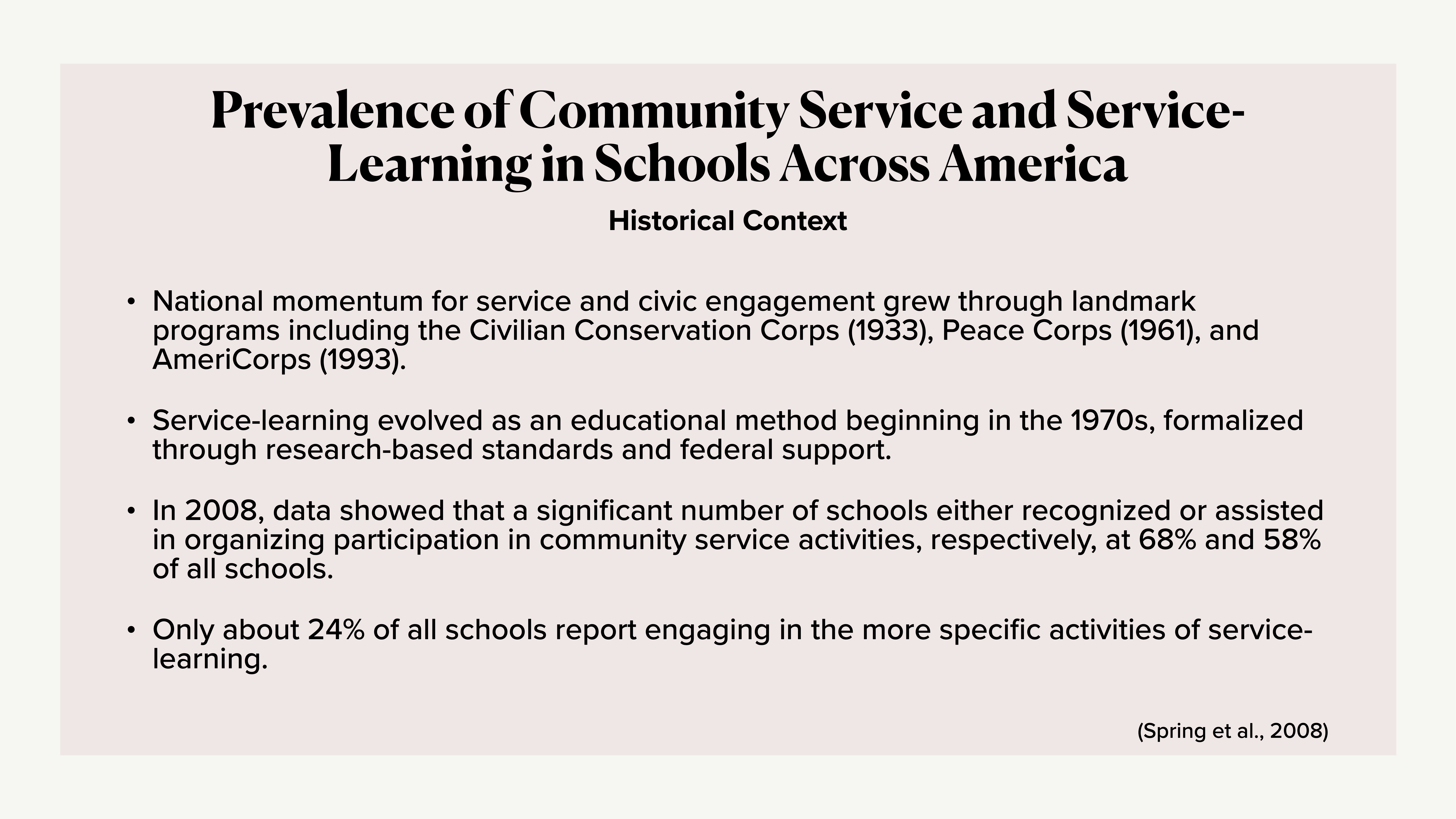 Slide shows text summarizing the prevalence and historical context of community service and service-learning in American schools, with statistics from 2008. It includes references to national programs and educational methods.