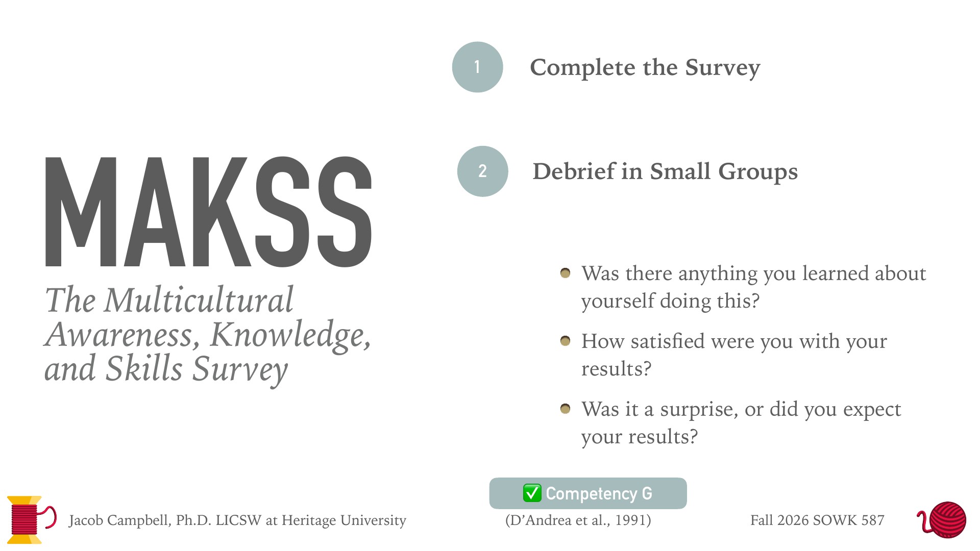 A title slide for the MAKSS survey, with large grey 'MAKSS' text and the subtitle 'The Multicultural Awareness, Knowledge, and Skills Survey' on the left. On the right, two numbered steps ('1 Complete the Survey', '2 Debrief in Small Groups') sit above three debrief questions. Footer text reads 'Jacob Campbell, Ph.D. LICSW at Heritage University', '(D'Andrea et al., 1991)', 'Fall 2026 SOWK 587', and a '✅ Competency G' tag.