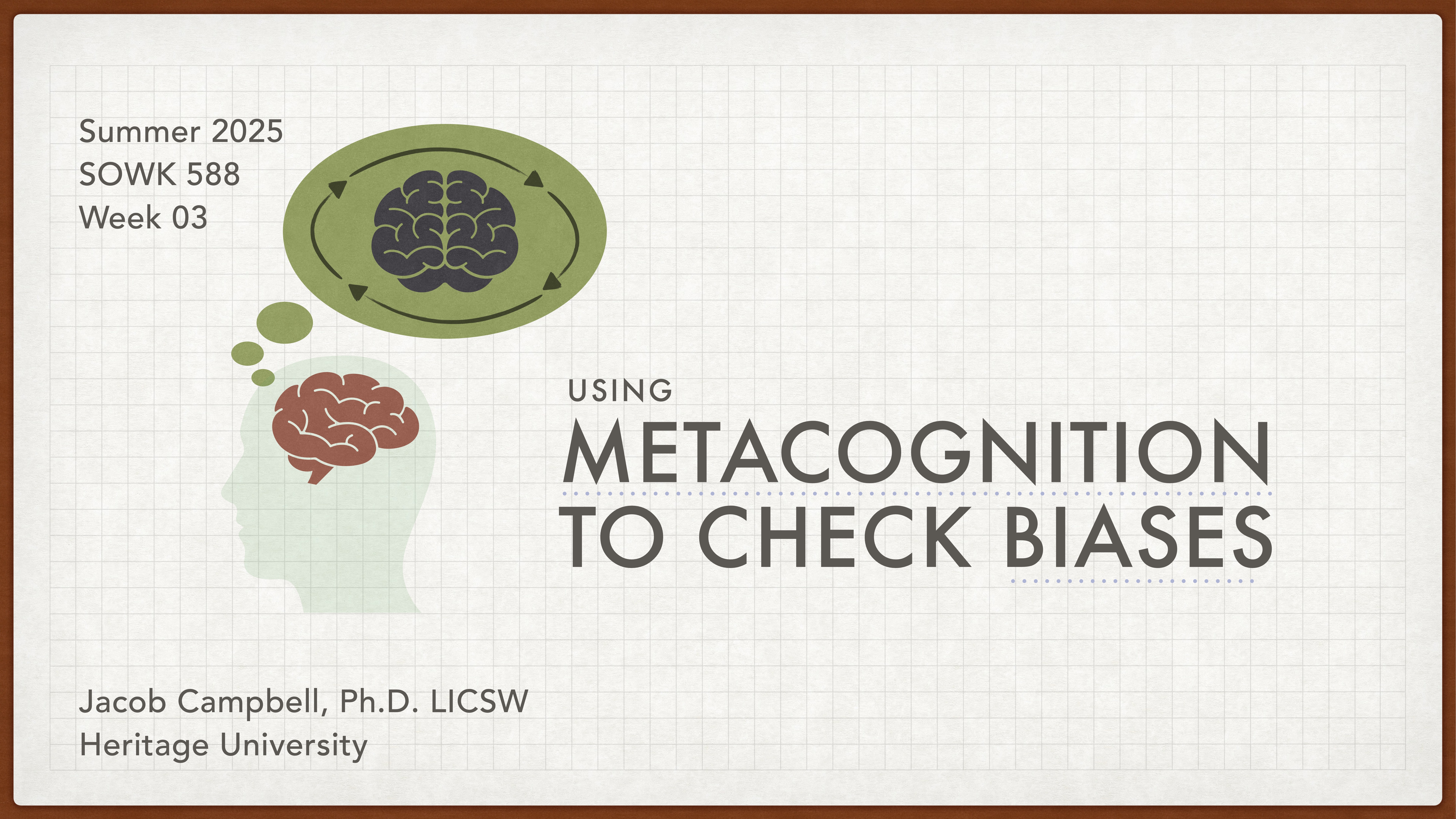 Slide showing a head with a brain thinking about another brain in an ellipse. Text: 'Summer 2025, SOWK 588, Week 03, Using Metacognition to Check Biases.' Presenter: Jacob Campbell, Ph.D. LICSW, Heritage University.