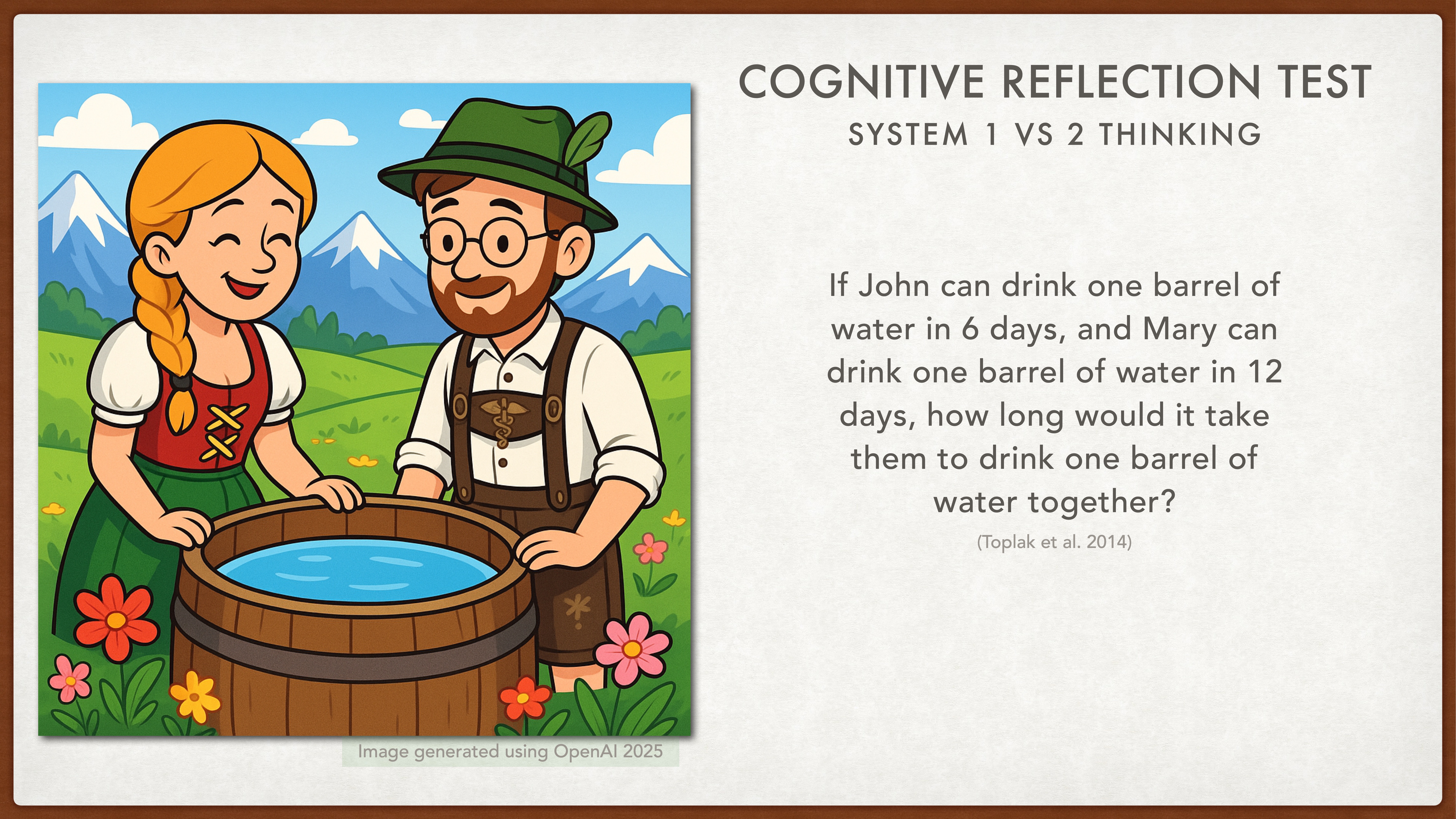 A man and woman in traditional attire stand smiling beside a wooden barrel in a floral, mountainous setting. Text: 'COGNITIVE REFLECTION TEST: SYSTEM 1 VS 2 THINKING. If John can drink one barrel of water in 6 days, and Mary can drink one barrel of water in 12 days, how long would it take them to drink one barrel of water together? (Toplak et al. 2014)'