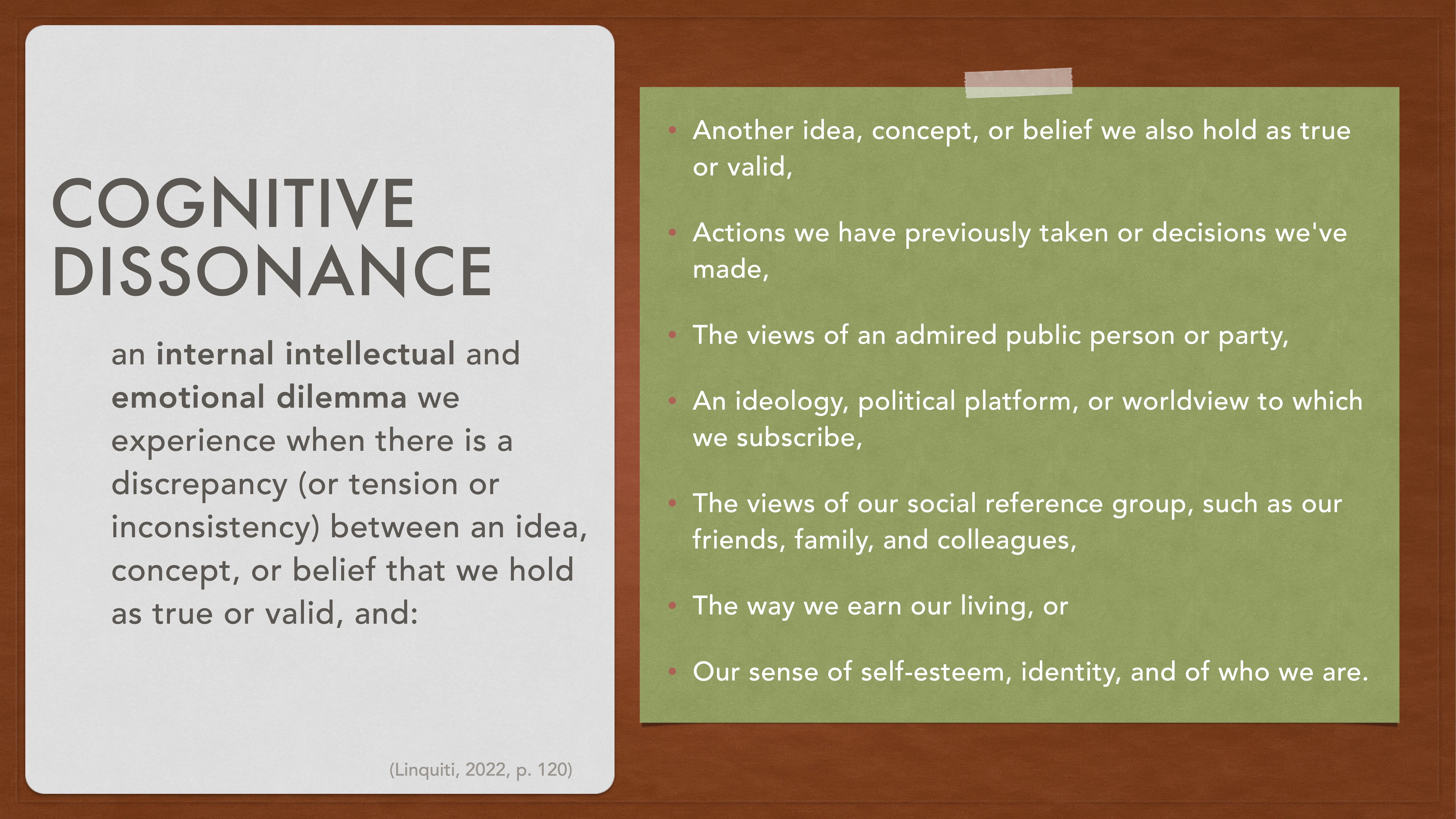 Text slide titled 'Cognitive Dissonance'; it defines it as an internal dilemma caused by conflicting beliefs or actions, and lists factors like public views, ideology, and self-esteem.