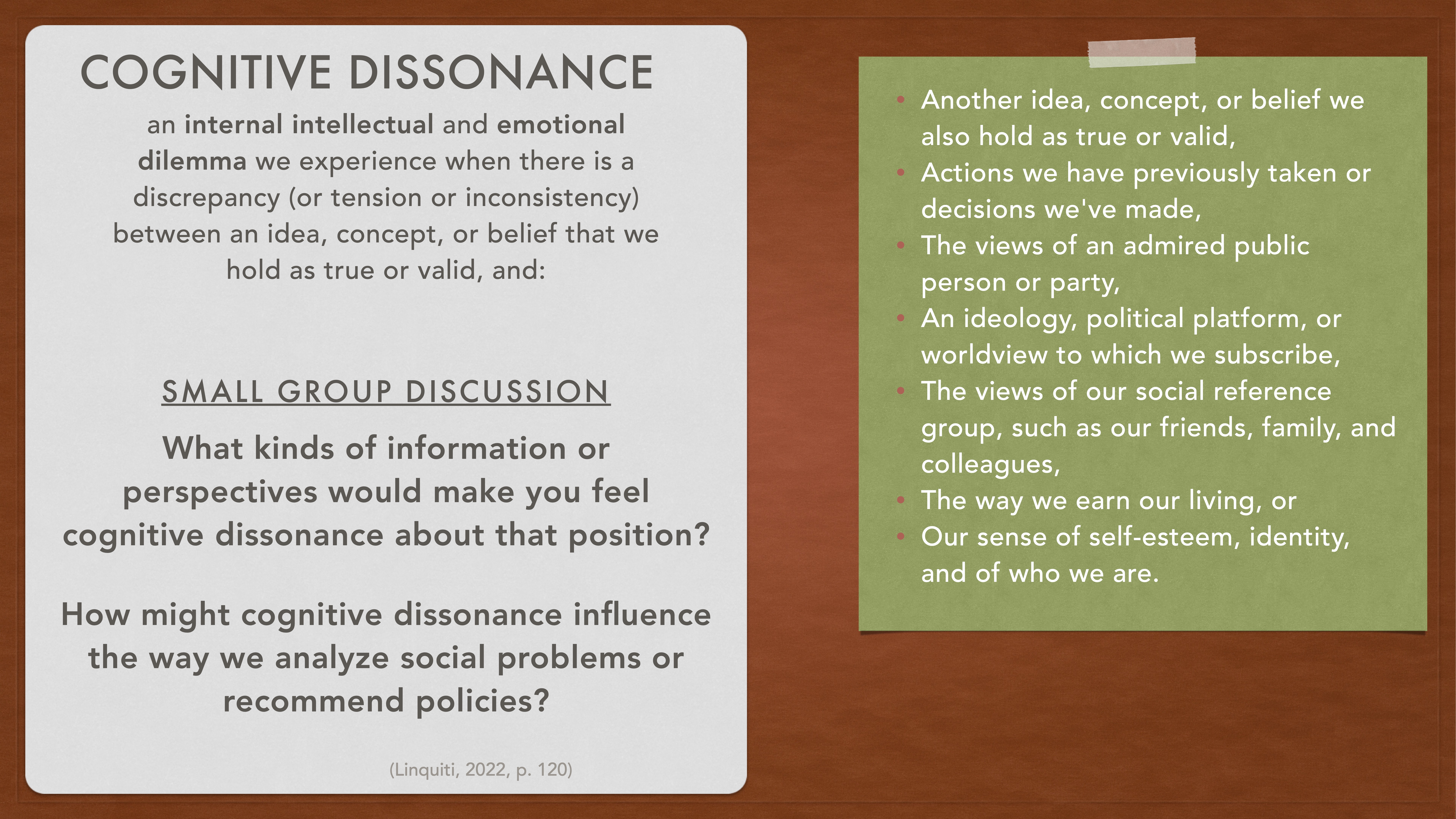A presentation slide with two sections. The left defines 'Cognitive Dissonance' and presents discussion questions. The right lists related ideas like beliefs, actions, and influences on views and self-esteem.