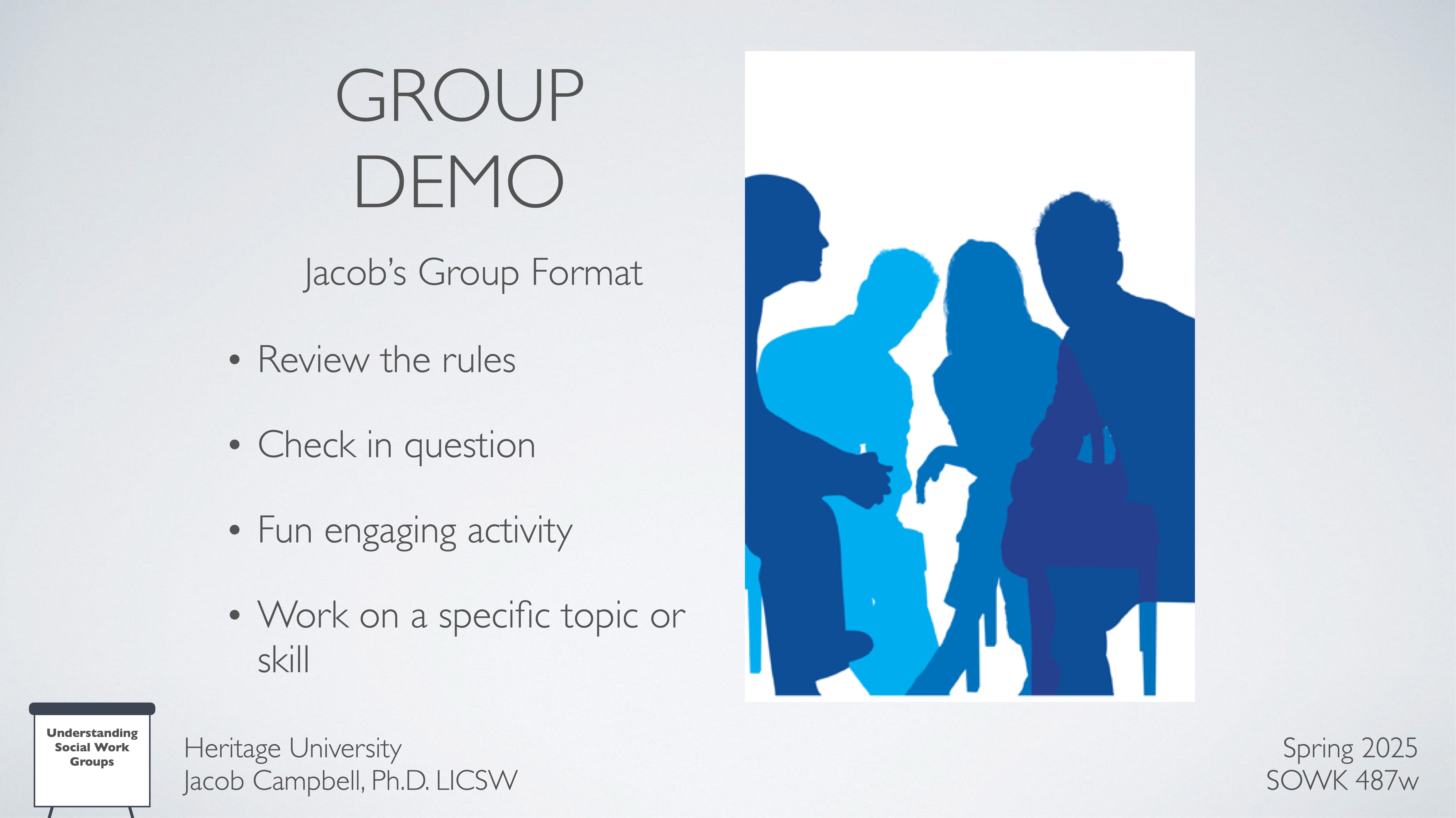 Silhouettes of people are seated in a discussion setting. Surrounding text includes 'GROUP DEMO,' 'Jacob’s Group Format,' and points like 'Review the rules' and 'Fun engaging activity.' The slide is part of a presentation by Jacob Campbell, Ph.D., LICSW. Spring 2025, SOWK 487w.