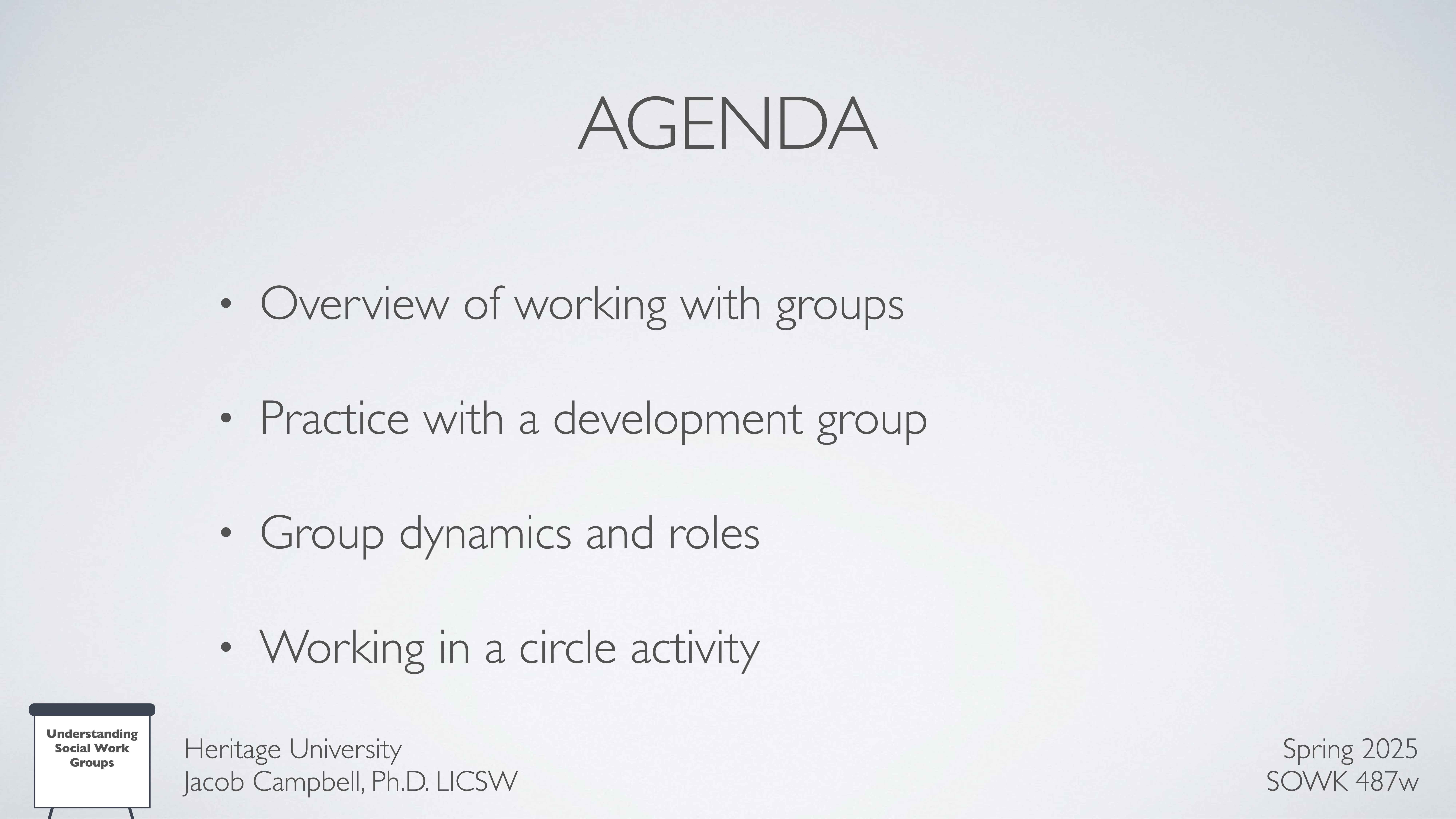 Slide with the title 'Agenda' lists: Overview of working with groups, Practice with a development group, Group dynamics and roles, Working in a circle activity. Context: a presentation, Heritage University, Jacob Campbell, Ph.D. LICSW, Spring 2025, SOWK 487w.