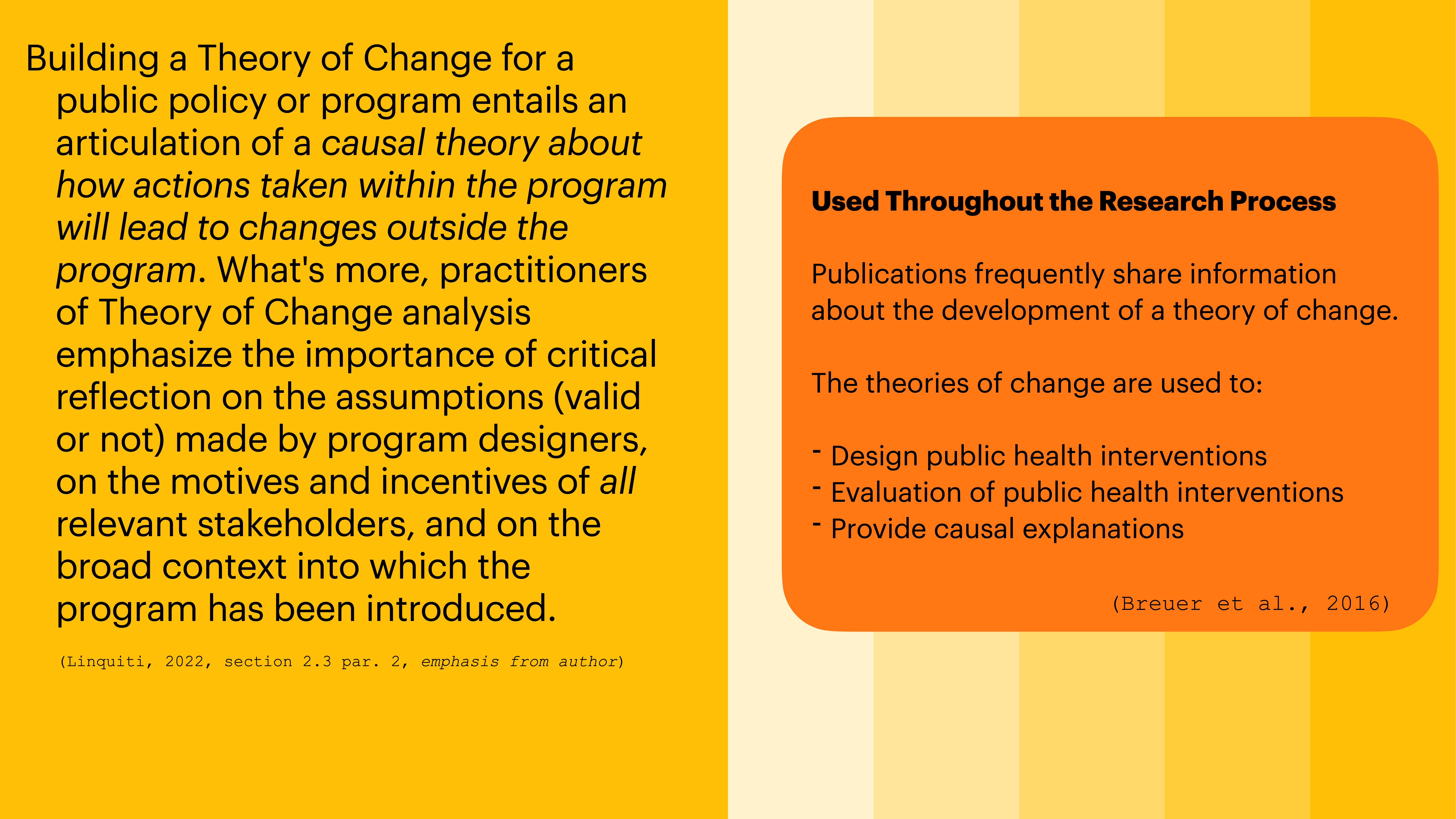 **Object**: Text block **Action**: Describes theories of change for public policies**Context**: Against a yellow background, the left section discusses the importance of assumptions and stakeholder motives. The right section outlines the uses of these theories, including designing and evaluating public health interventions. Text includes:- A quote by Lingniti emphasizing causal theory and reflection.- A section attributed to Breuer et al., 2016, listing uses during the research process.