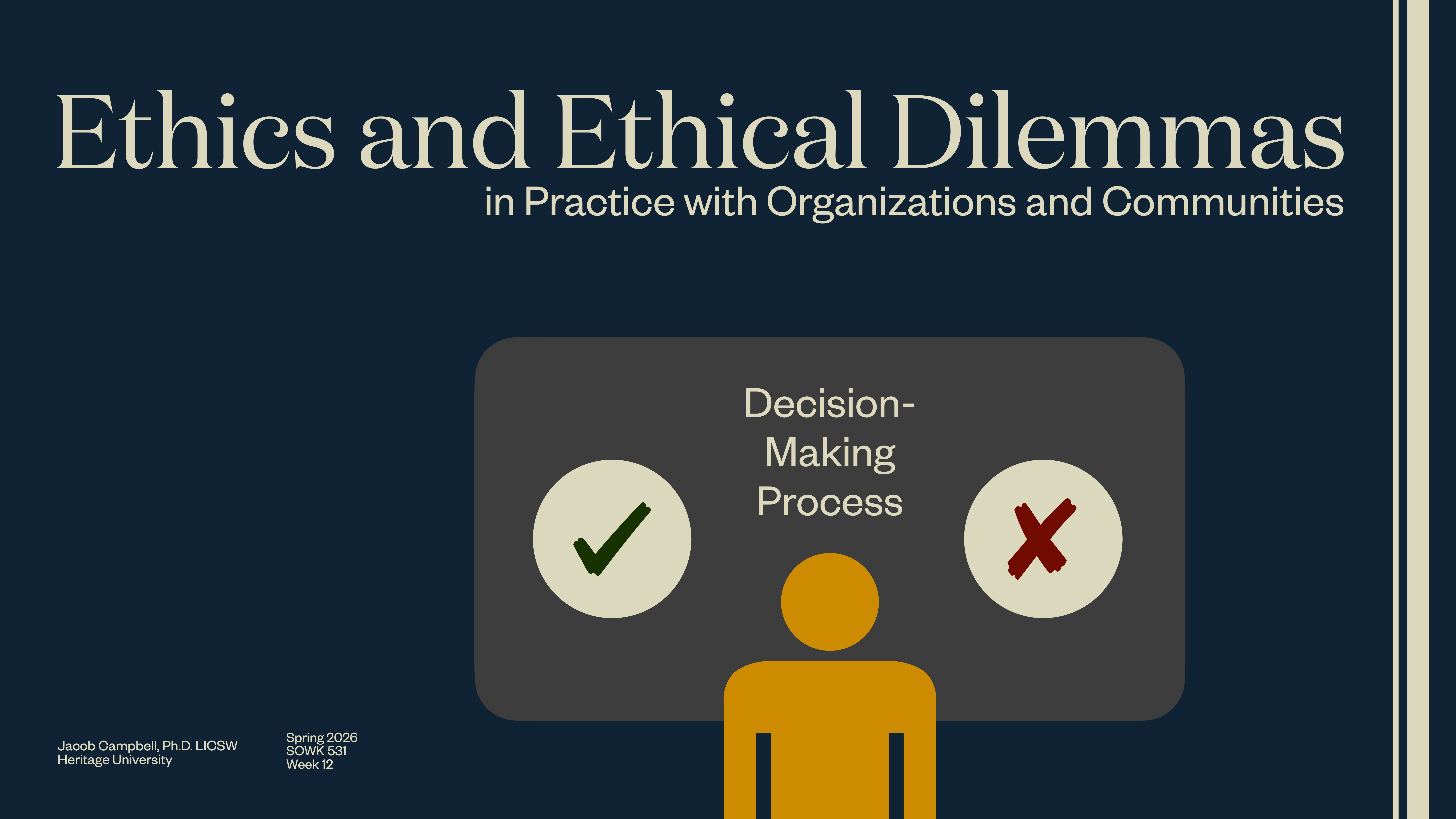 A figure stands under a decision-making graphic with a check mark and an X, set in the context of a presentation titled 'Ethics and Ethical Dilemmas in Practice with Organizations and Communities.'