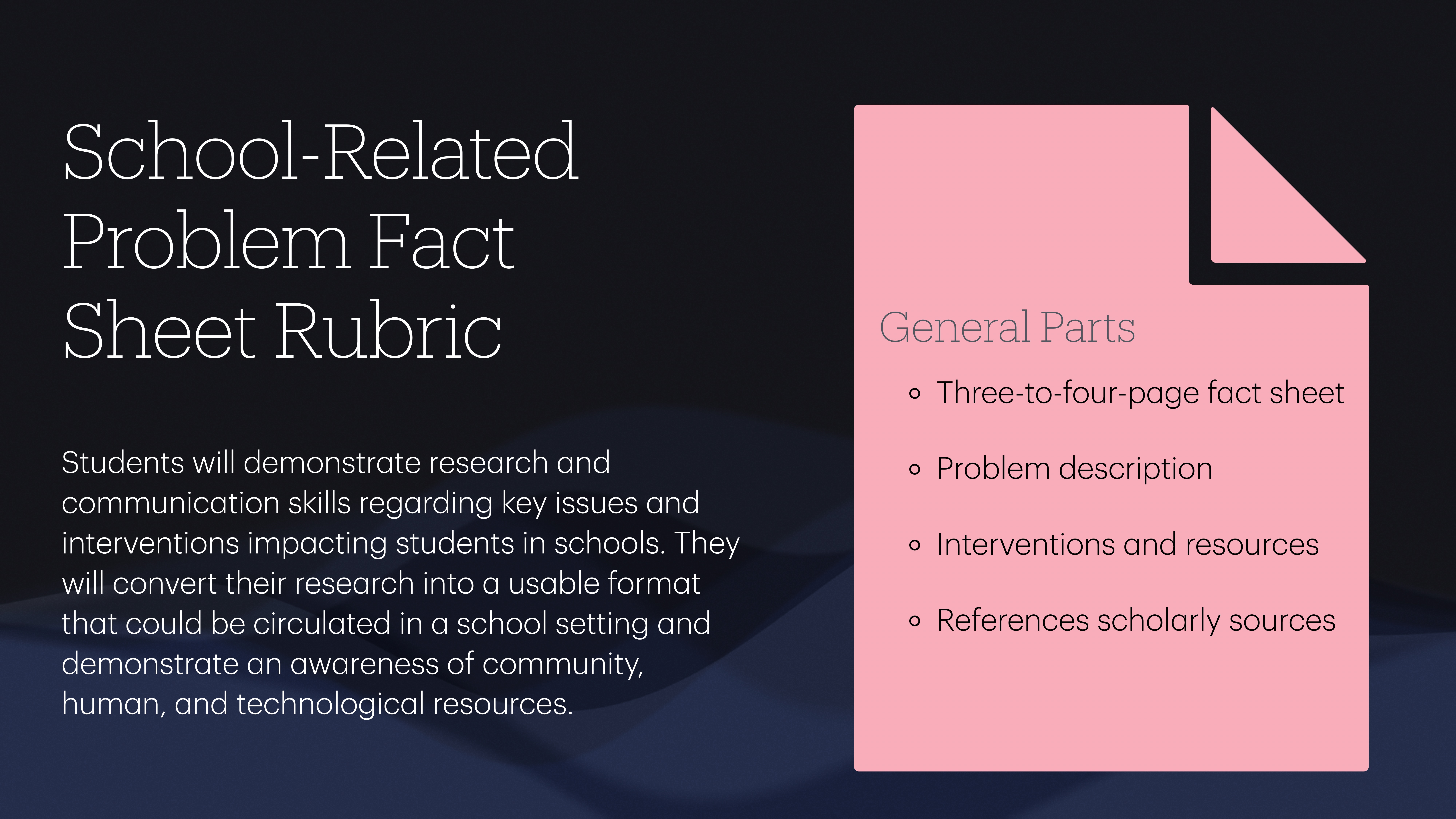 A presentation slide features a rubric for a school-related problem fact sheet. It includes criteria like a problem description, interventions, resources, and scholarly references. Text emphasizes research and communication skills.