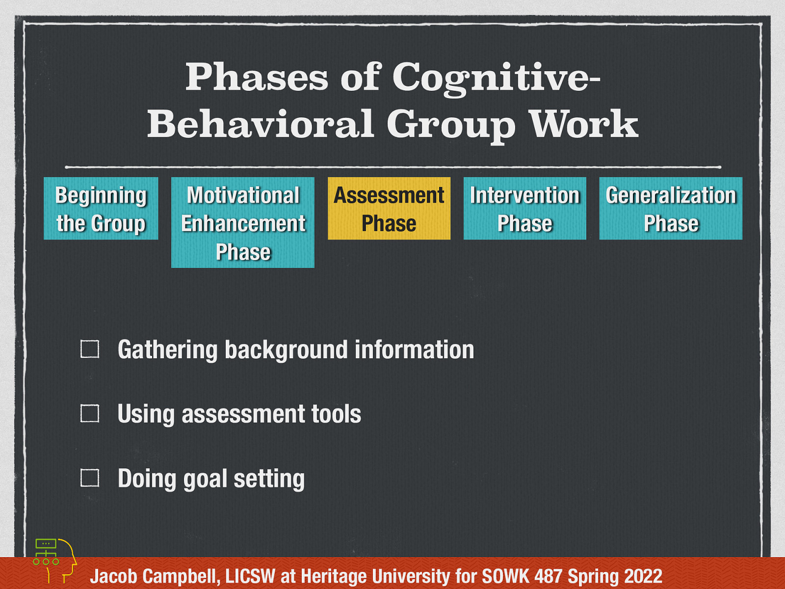 Phases of CognitiveBehavioral Group Work Beginning the Group Motivational Enhancement Phase Assessment Phase Intervention Phase Generalization Phase Gathering background information Using assessment tools Doing goal setting Jacob Campbell, LICSW at Heritage University for SOWK 487 Spring 2022
