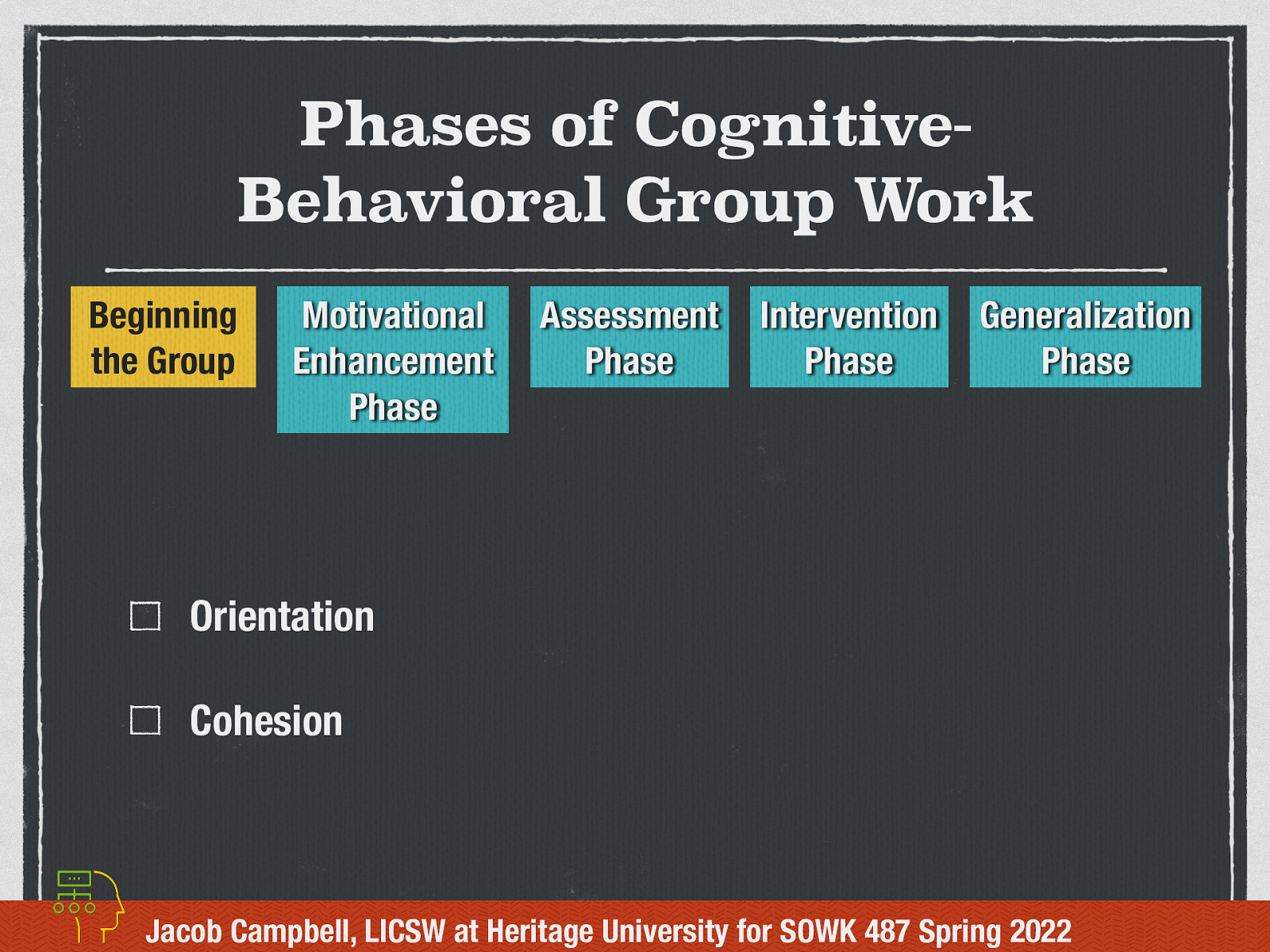 Phases of CognitiveBehavioral Group Work Beginning the Group Motivational Enhancement Phase Assessment Phase Intervention Phase Generalization Phase Orientation Cohesion Jacob Campbell, LICSW at Heritage University for SOWK 487 Spring 2022

