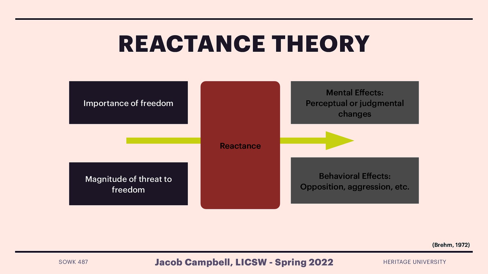 REACTANCE THEORY Mental E ects: Perceptual or judgmental changes Importance of freedom Reactance Magnitude of threat to freedom Behavioral E ects: Opposition, aggression, etc. (Brehm, 1972) ff ff SOWK 487 Jacob Campbell, LICSW - Spring 2022 HERITAGE UNIVERSITY
