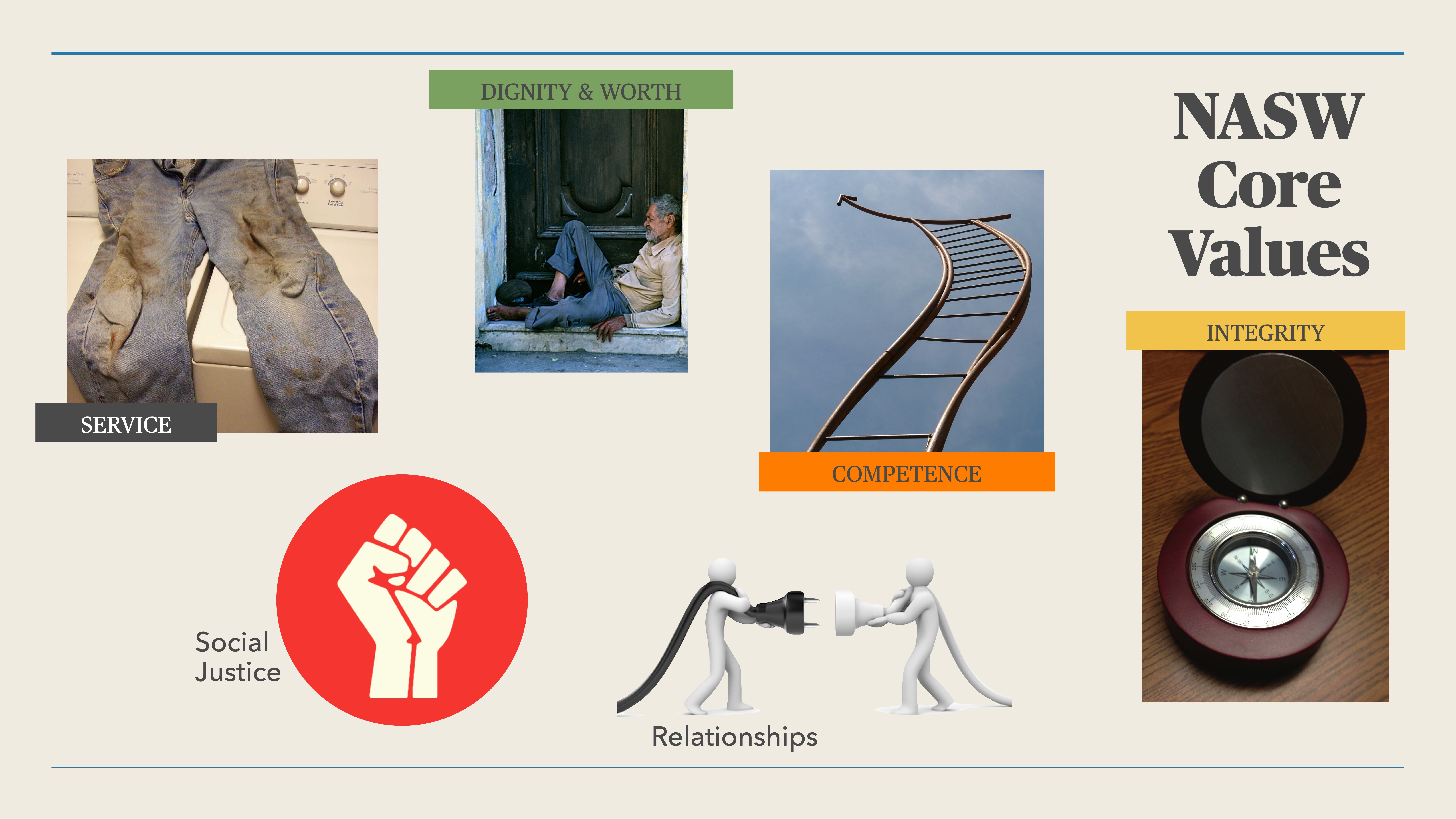 The image features a presentation slide displaying NASW Core Values. Pictured objects include worn jeans (Service), a seated individual (Dignity & Worth), an upward ladder (Competence), a compass (Integrity), a raised fist (Social Justice), and figures shaking hands (Relationships).