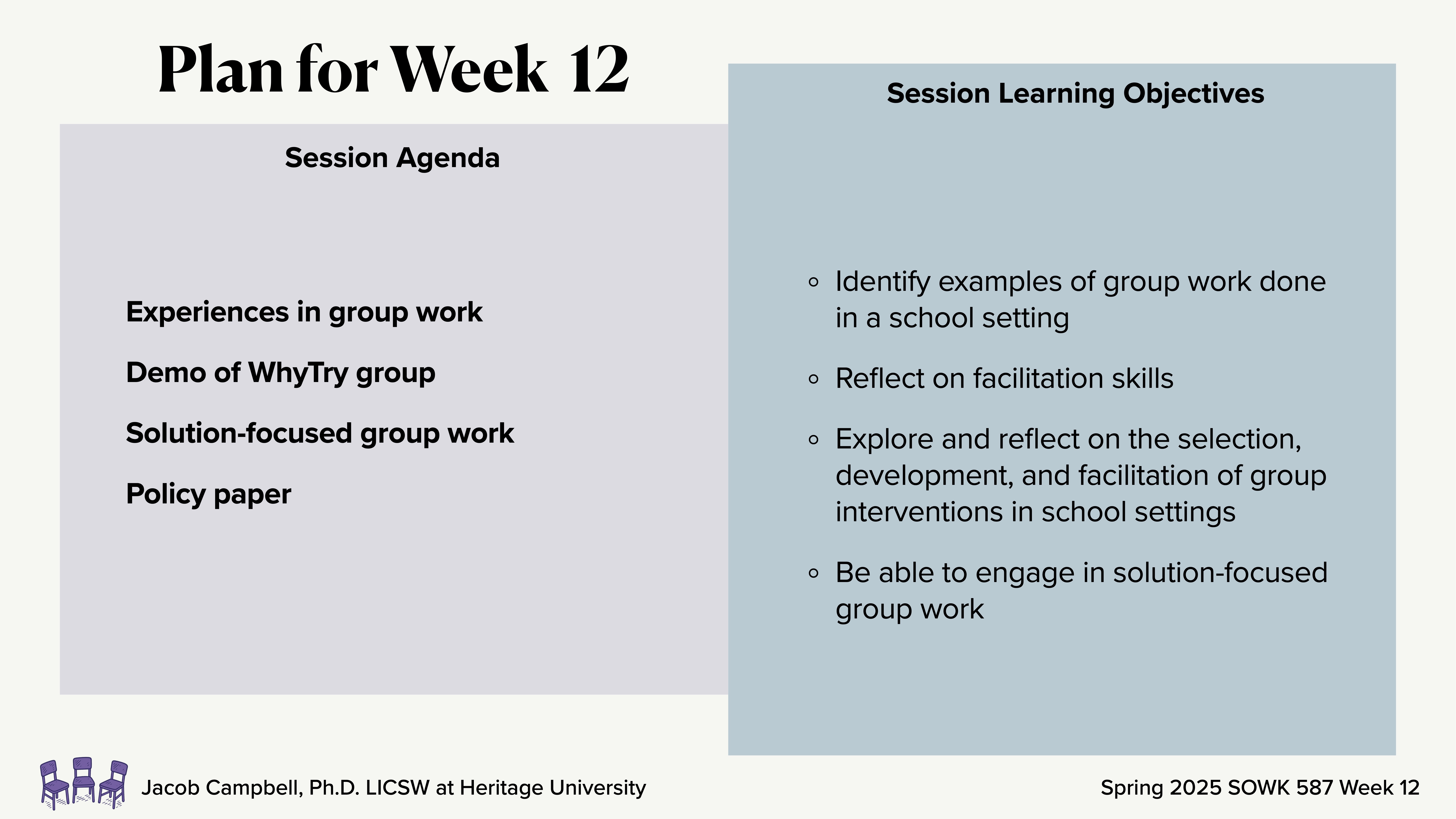 Plan for Week 12 slide features a session agenda and learning objectives. Agenda includes experiences in group work and policy paper. Objectives cover reflecting on facilitation skills and engaging in solution-focused work.