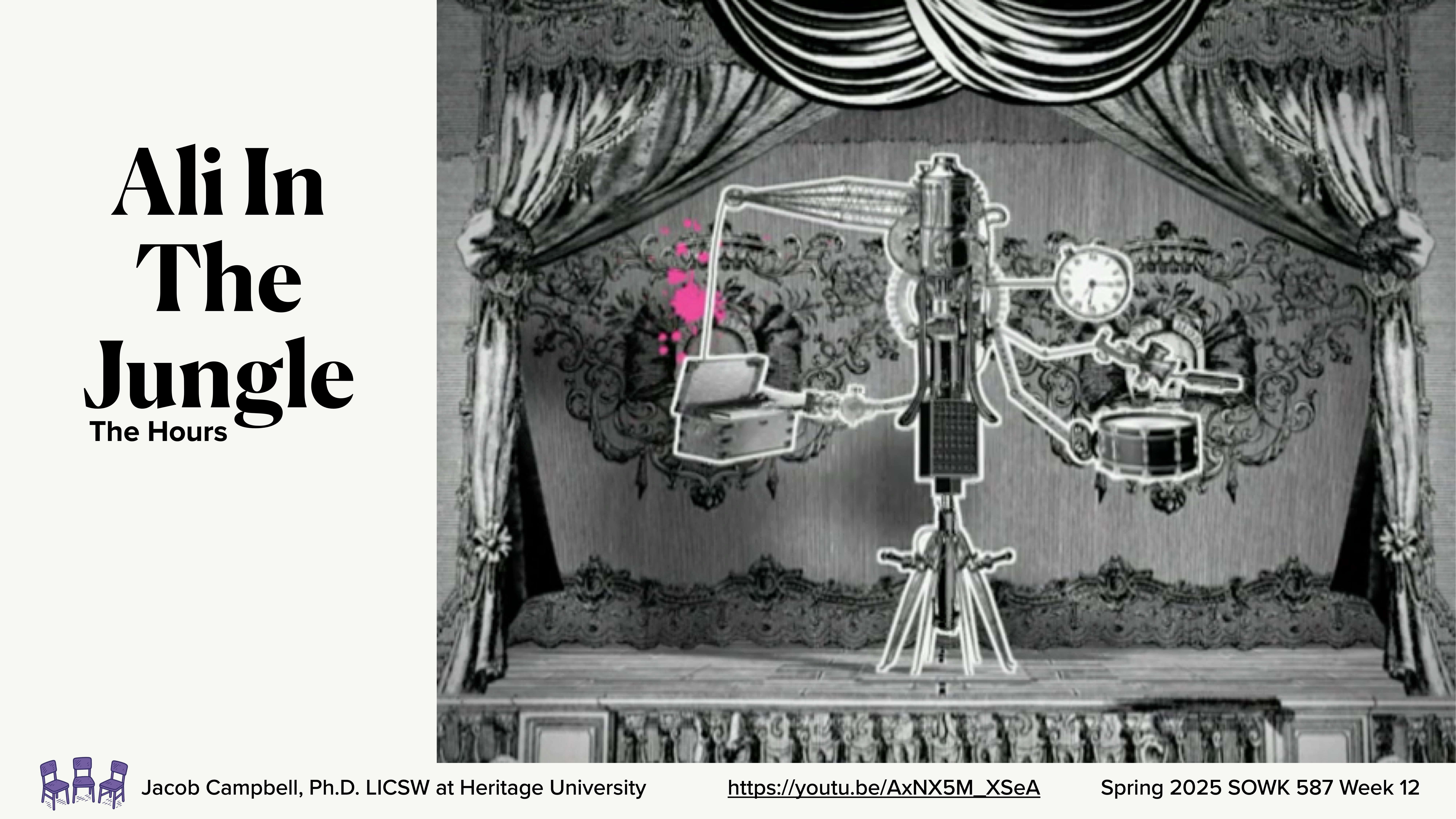 A vintage-style machine balances objects, set within a stage-like curtain backdrop. Text reads 'Ali In The Jungle' by The Hours, detailed with presentation info: Jacob Campbell, Ph.D., Heritage University, Spring 2025 SOWK 587 Week 12. Includes a YouTube link.