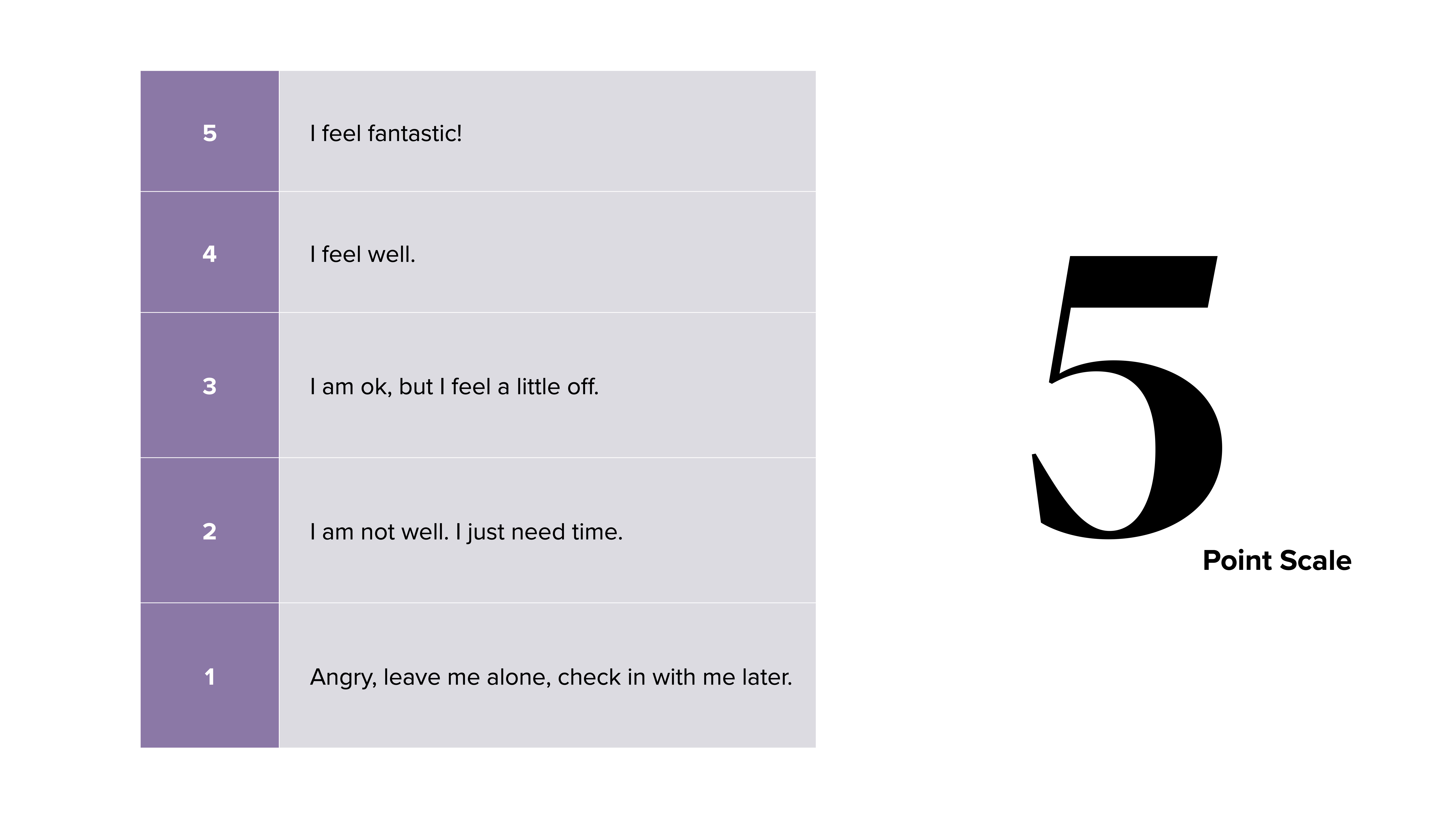 Table listing feelings on a 5-point scale, describing emotions from 'fantastic' to 'angry.' Adjacent text features '5' and 'Point Scale' on a white background.