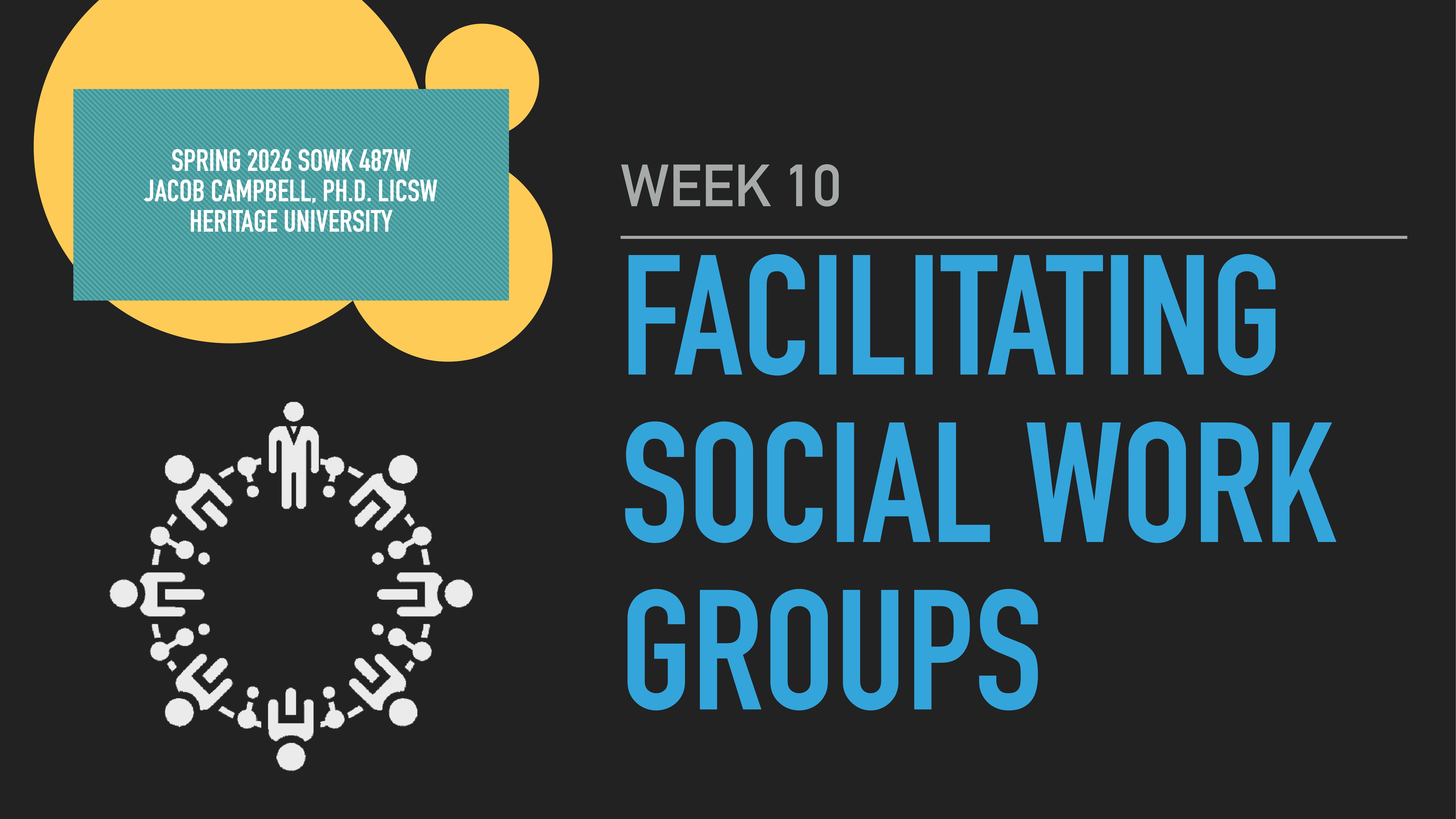 Text on dark background reads 'Week 10: Facilitating Social Work Groups.' A circular icon of people holding hands appears, with a blue and yellow bubble containing course details: 'Spring 2026 SOWK 487W, Jacob Campbell, Ph.D., LICSW, Heritage University.'