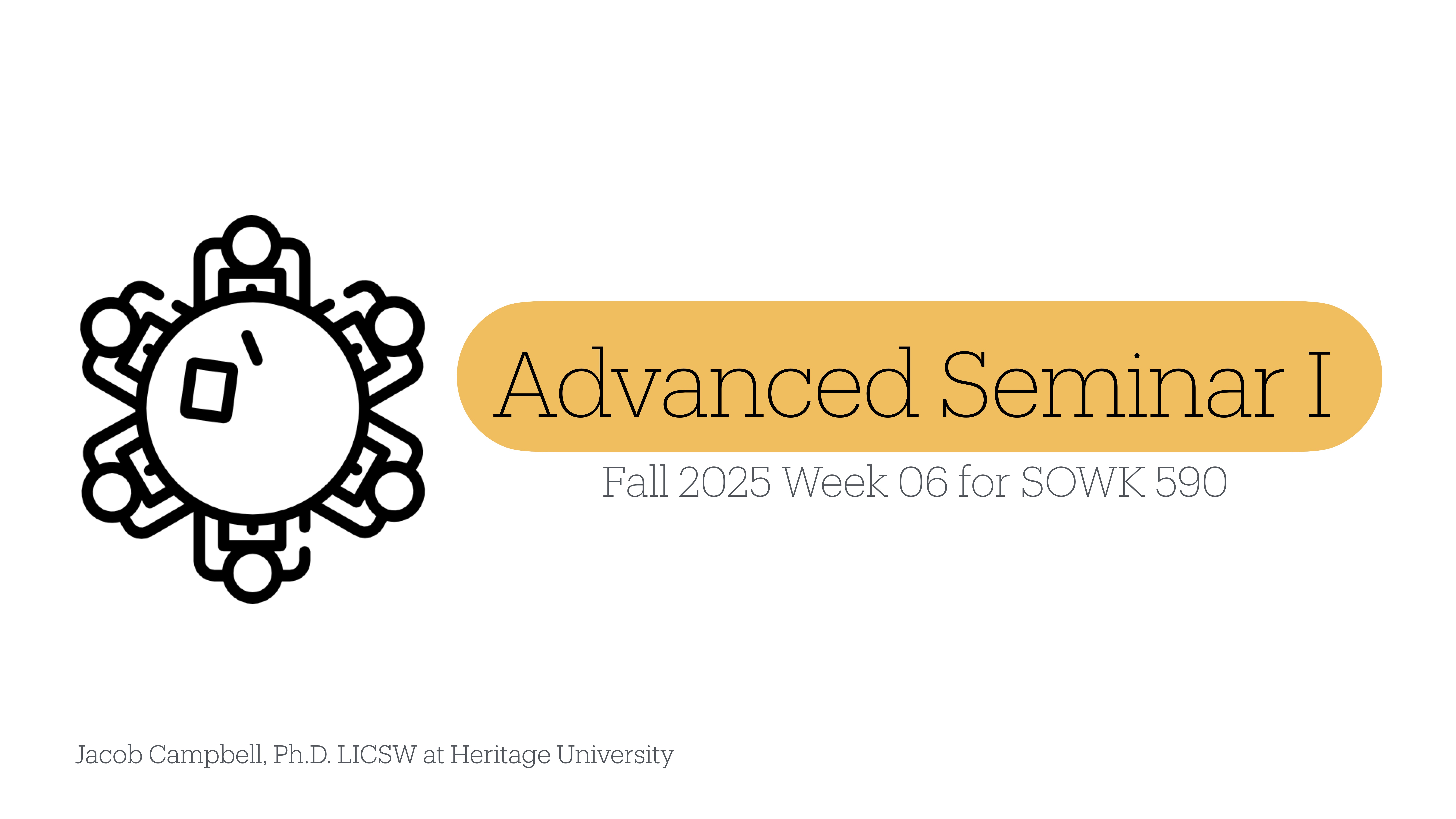 A circular design features interconnected people symbols on the left. On the right, text reads, 'Advanced Seminar I, Fall 2025 Week 06 for SOWK 590.' Below: 'Jacob Campbell, Ph.D. LICSW at Heritage University.'