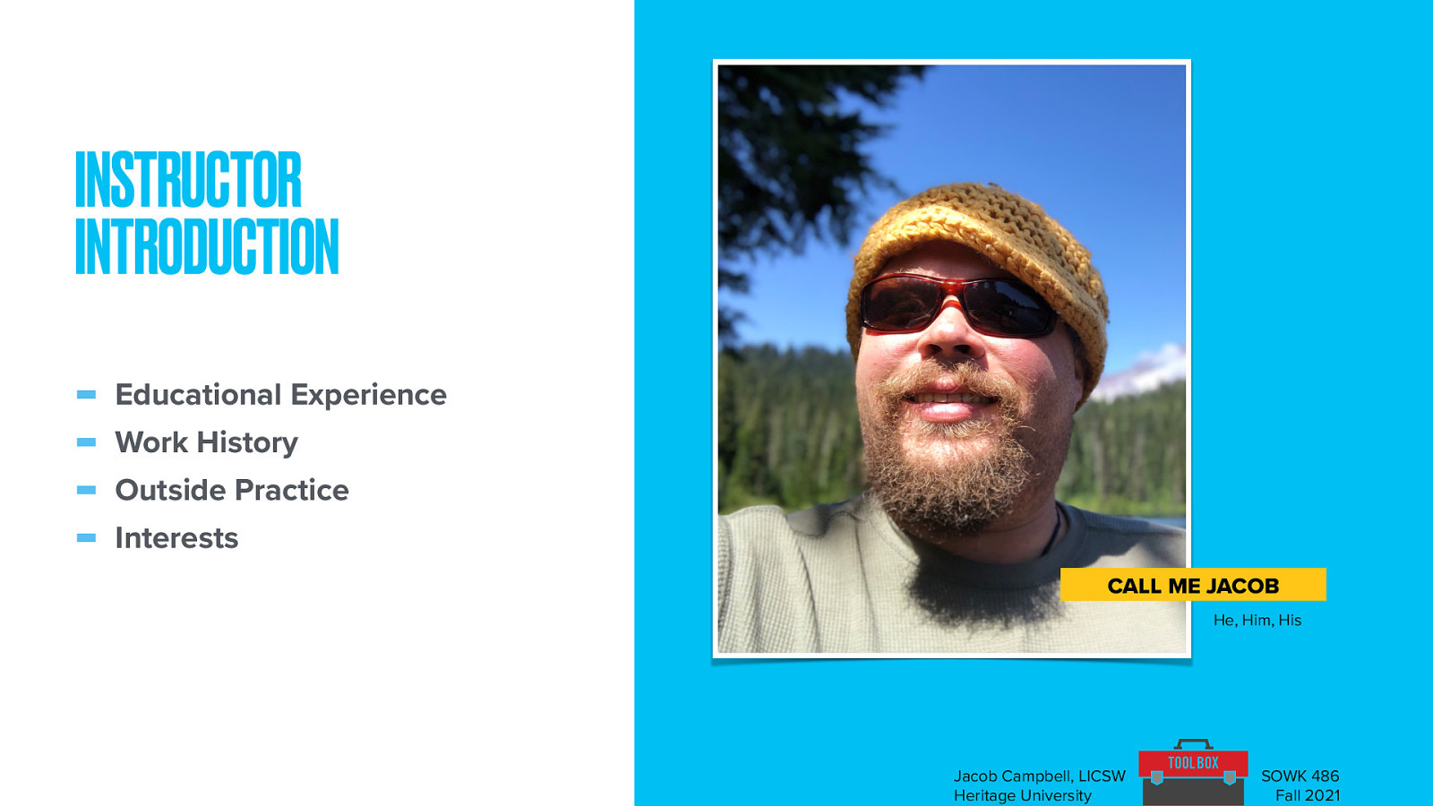 I find that is is helpful to share a little bit about myself with students, so that you know where I am coming from.   Educational Experience  CBC AA 2006 EWU BASW 2008 EWU MSW 2009 Current doctoral student at CIIS   Work History  Pasco School District TCCH Behavioral Health Services Heritage University (since 2013) UNSAAC Crisis Residential Center Juvenile Detention Jubilee Youth Ranch   Outside Practice  Pasco Discovery Coalition Council for Children Various volunteer experiences   Interests  Dancing Computer technology Travel Graphic and website design   Questions  Only time you can ask about me… [joking]   
