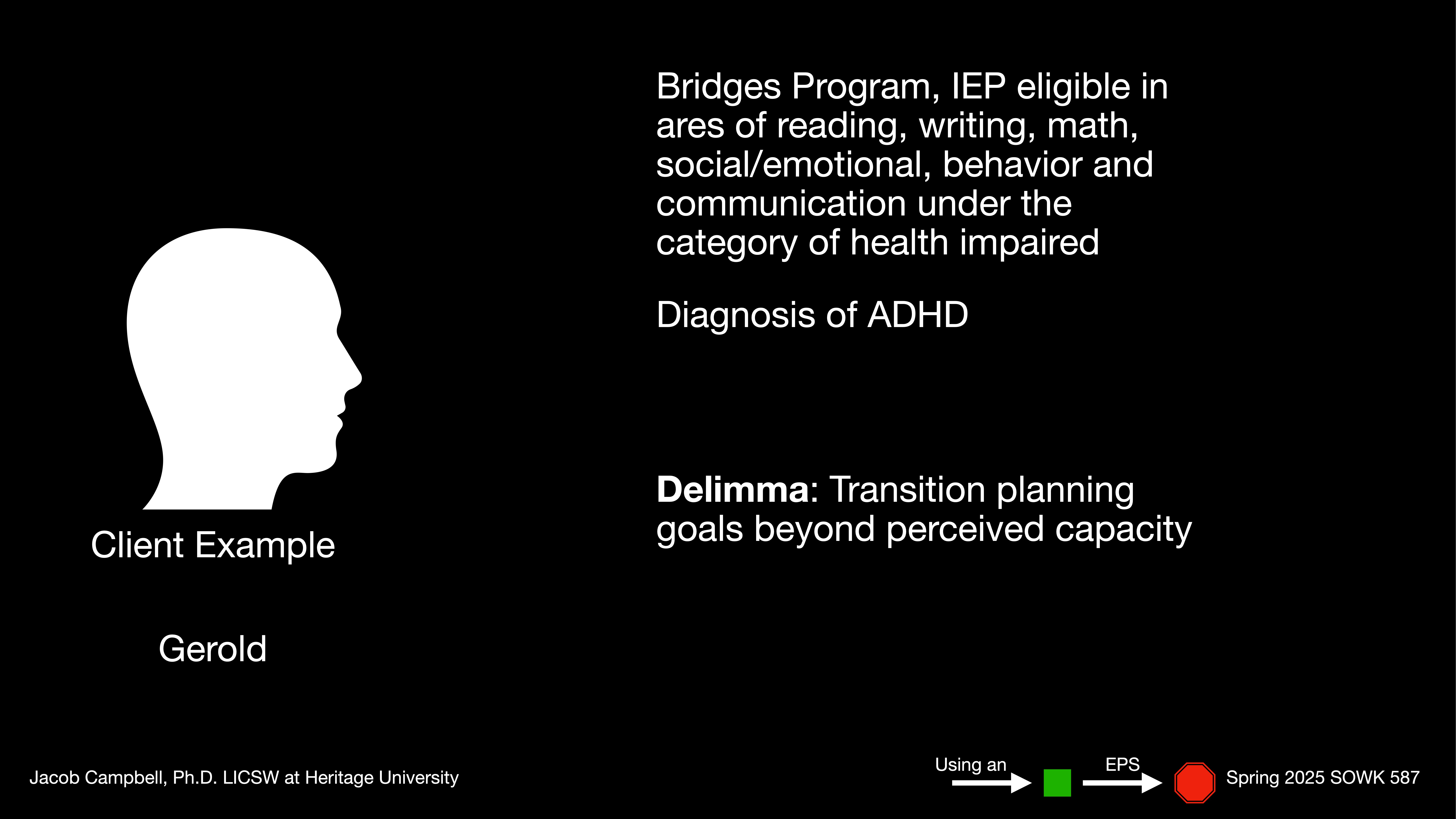 Silhouette of a head labeled 'Client Example Gerold,' is accompanied by text detailing participation in the Bridges Program, IEP eligibility, ADHD diagnosis, and a transition planning dilemma.