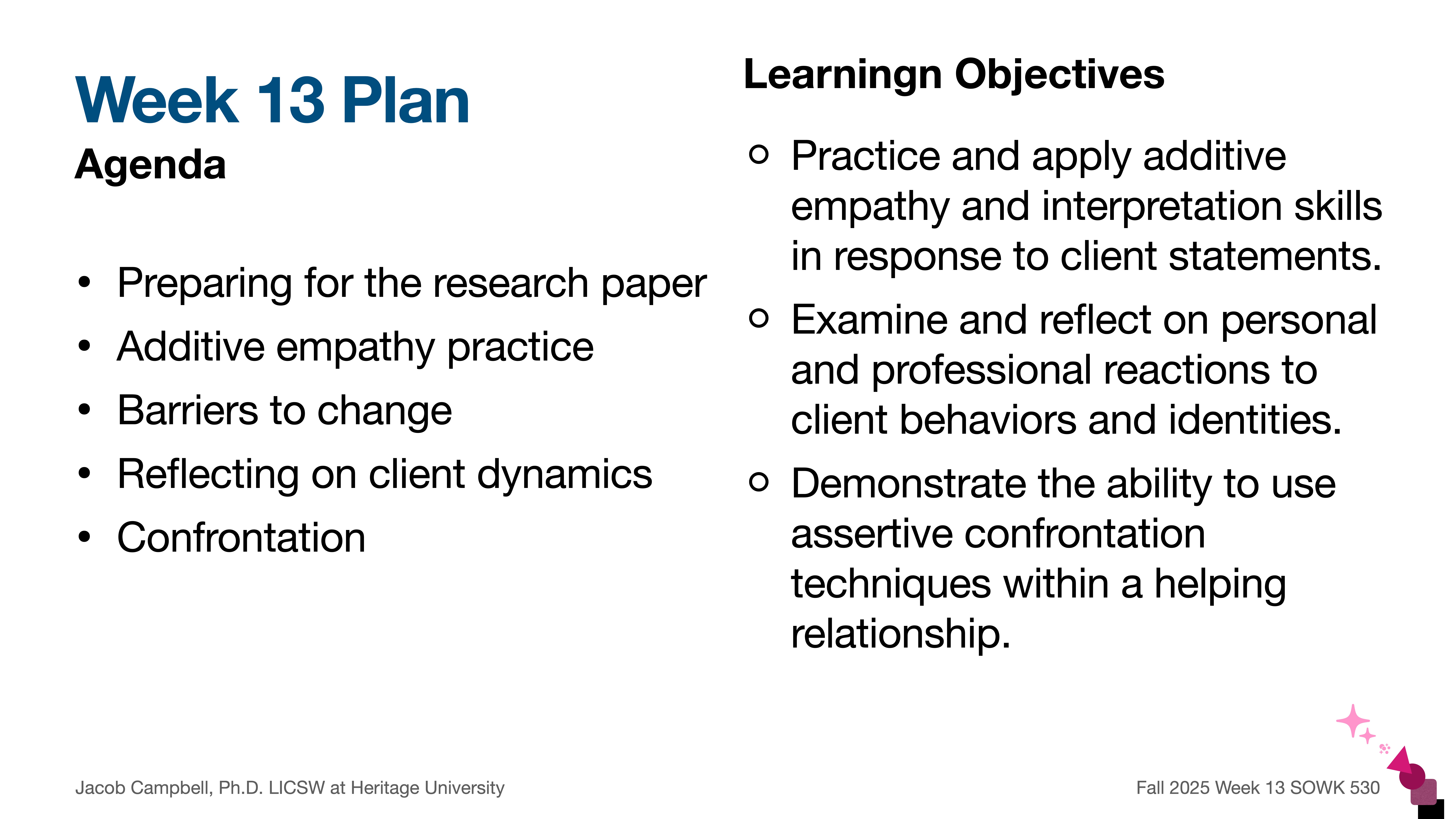 Slide titled 'Week 13 Plan' features an agenda listing research paper preparation, empathy practice, change barriers, client dynamics reflection, and confrontation. Objectives include empathy skills, reflective reactions, and confrontation techniques.
