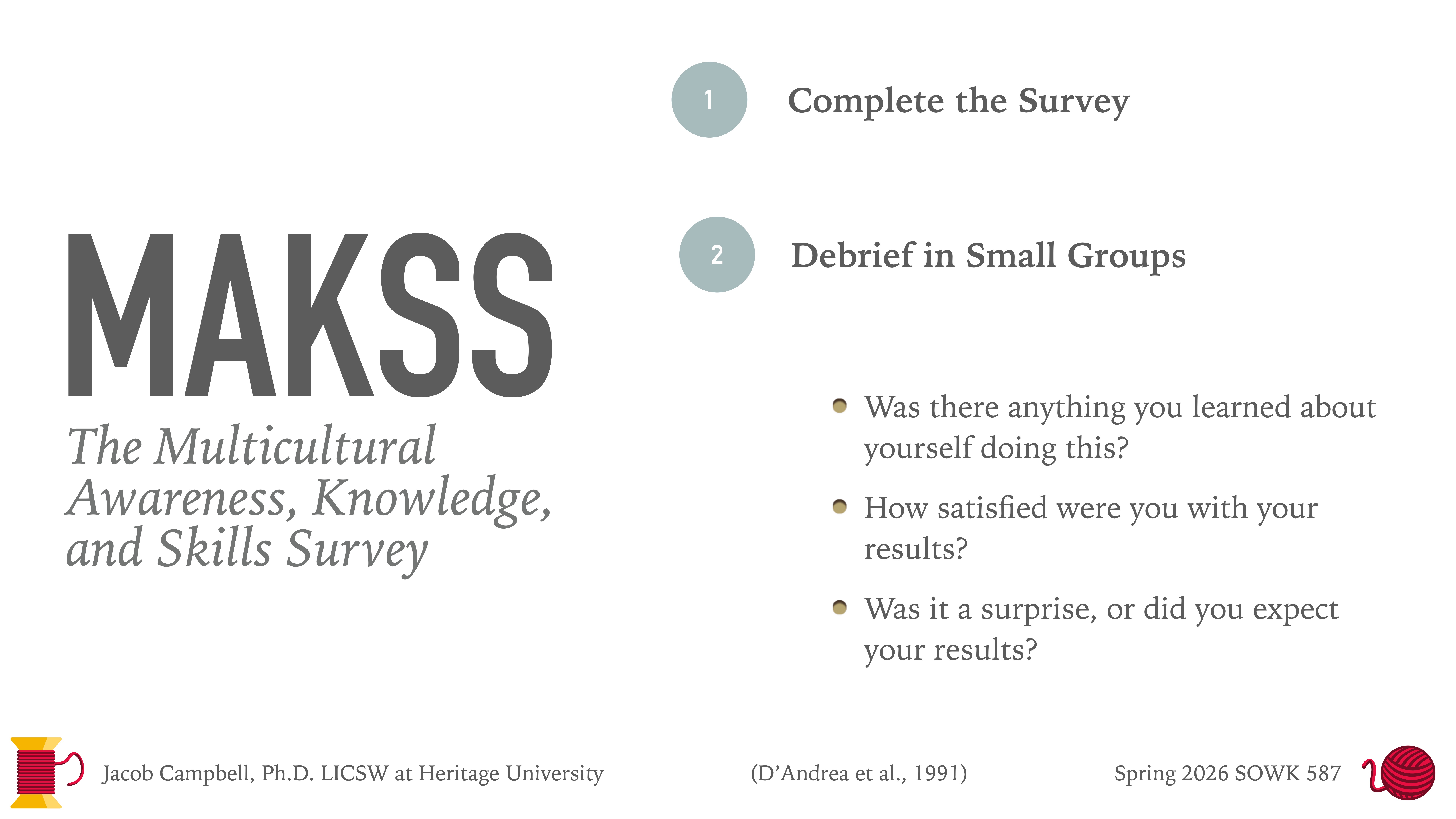 The slide presents text on a white background. It features 'MAKSS: The Multicultural Awareness, Knowledge, and Skills Survey' and outlines two tasks: 'Complete the Survey' and 'Debrief in Small Groups' with reflective questions.