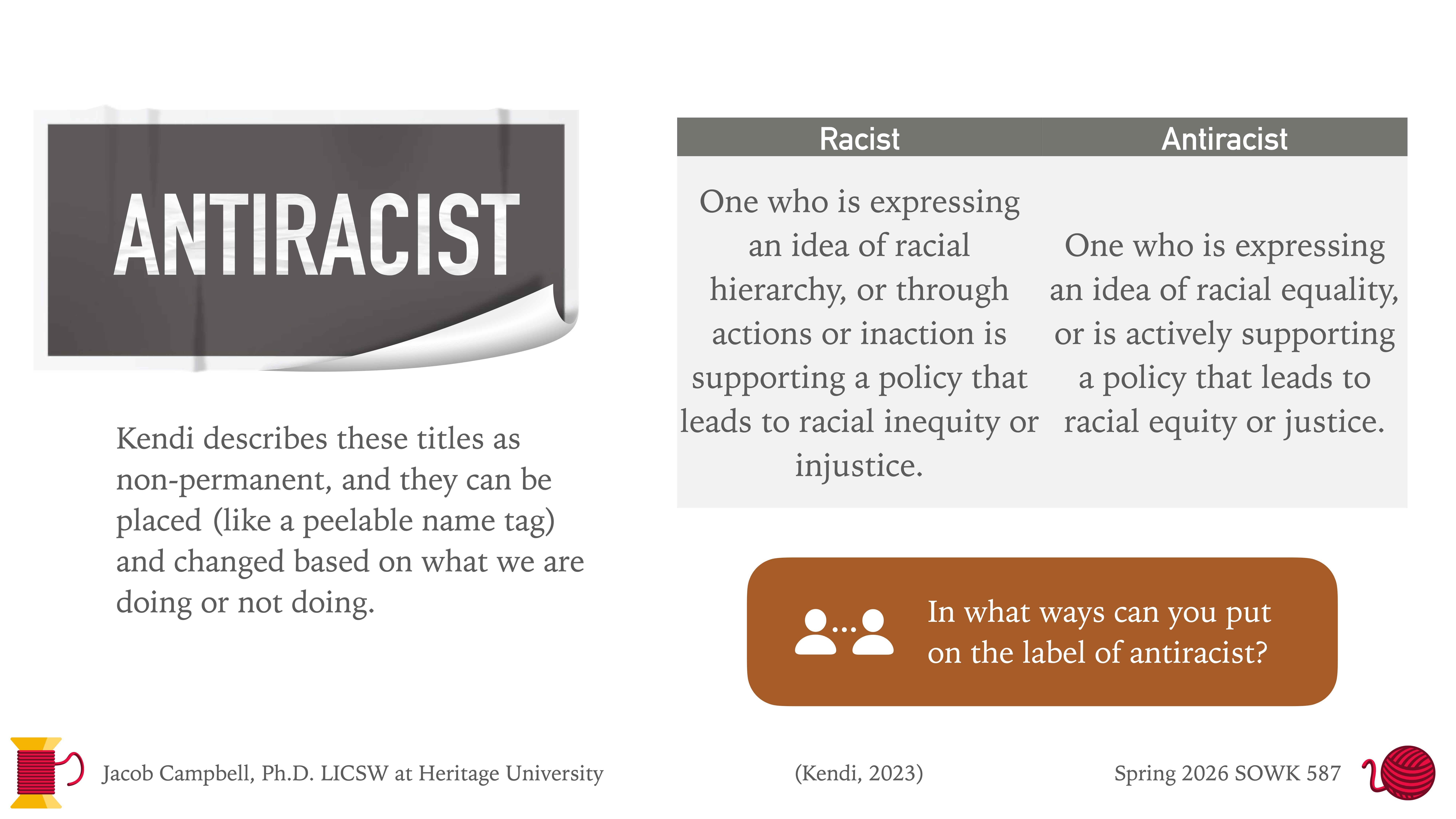 The image is a presentation slide titled “ANTIRACIST” with explanatory text. It contrasts 'Racist' and 'Antiracist,' describing each term's focus on racial hierarchy or equality. A question prompts reflection on adopting an antiracist label. The slide is credited to Jacob Campbell, Ph.D., LICSW at Heritage University.