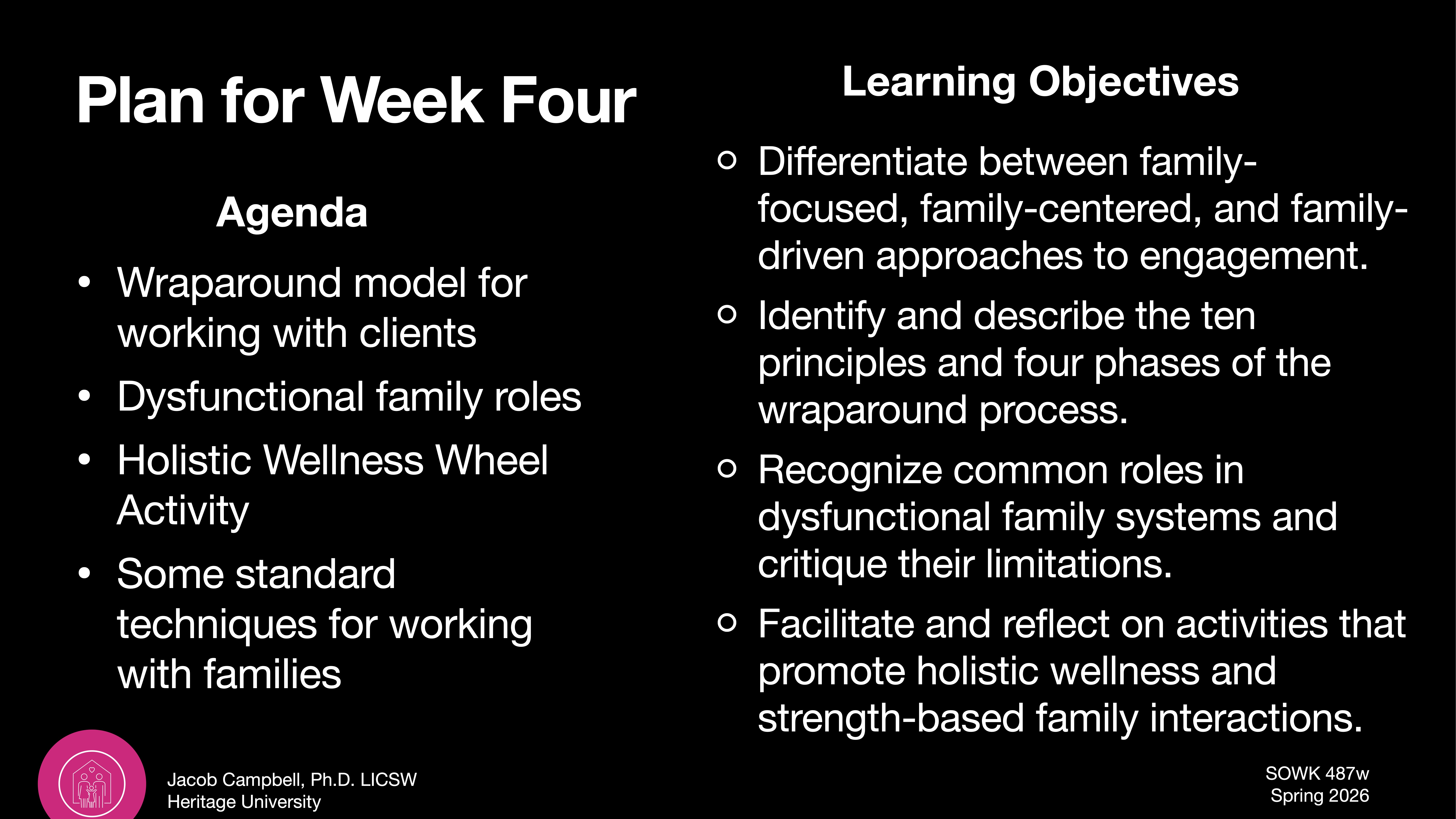 The slide outlines a plan and objectives for Week Four. It lists the agenda: Wraparound models, dysfunctional family roles, and activities. Objectives include differentiating engagement approaches and promoting holistic wellness.