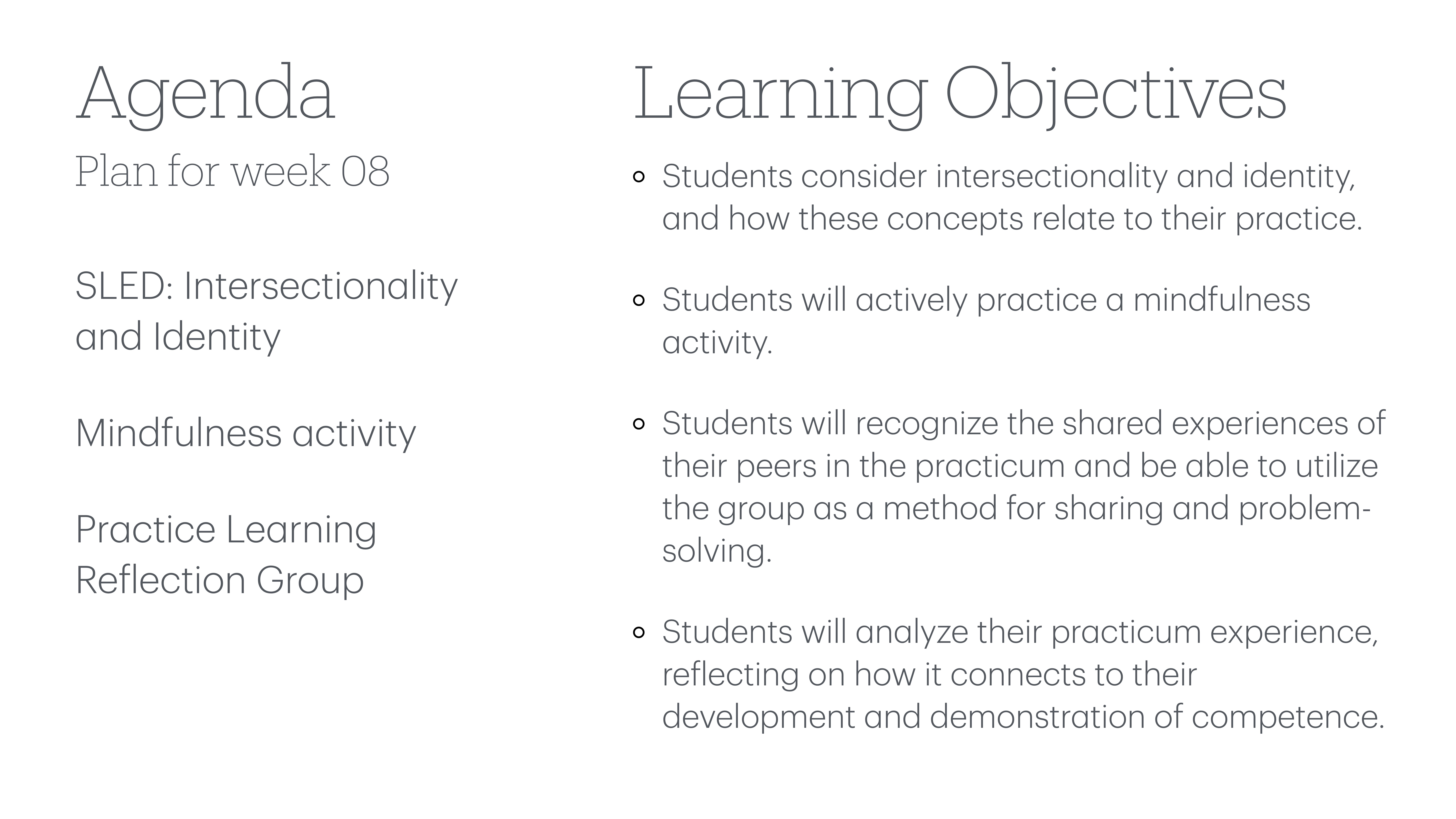 The slide features a split layout with 'Agenda' listing activities for week 08: SLED: Intersectionality and Identity, Mindfulness activity, Practice Learning Reflection Group. 'Learning Objectives' detail student goals like considering intersectionality and practicing mindfulness.
