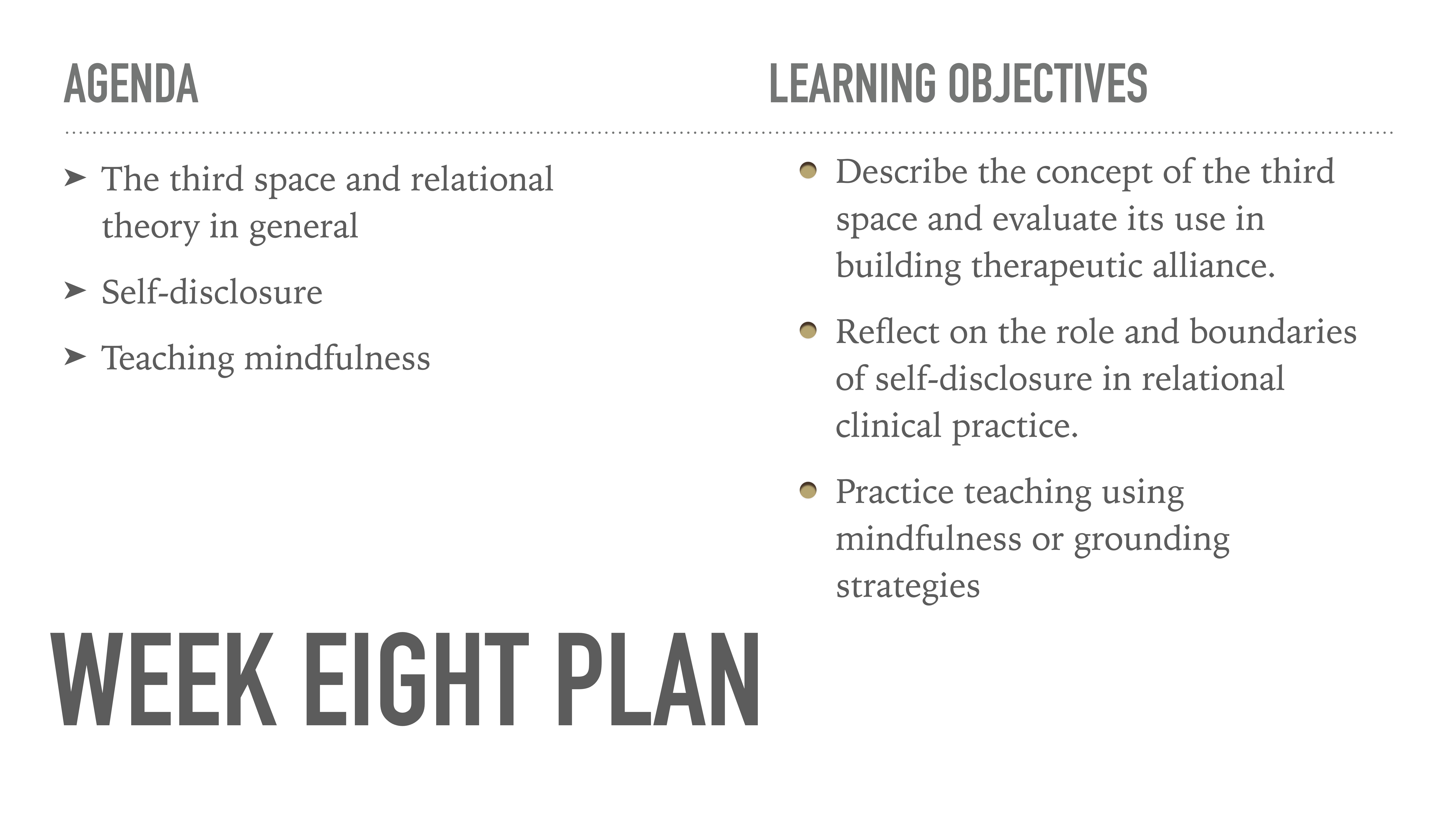 The slide shows a 'Week Eight Plan' with an agenda and learning objectives. Agenda includes 'third space theory,' 'self-disclosure,' and 'mindfulness.' Objectives cover 'third space concept,' 'self-disclosure boundaries,' and 'mindfulness teaching.'