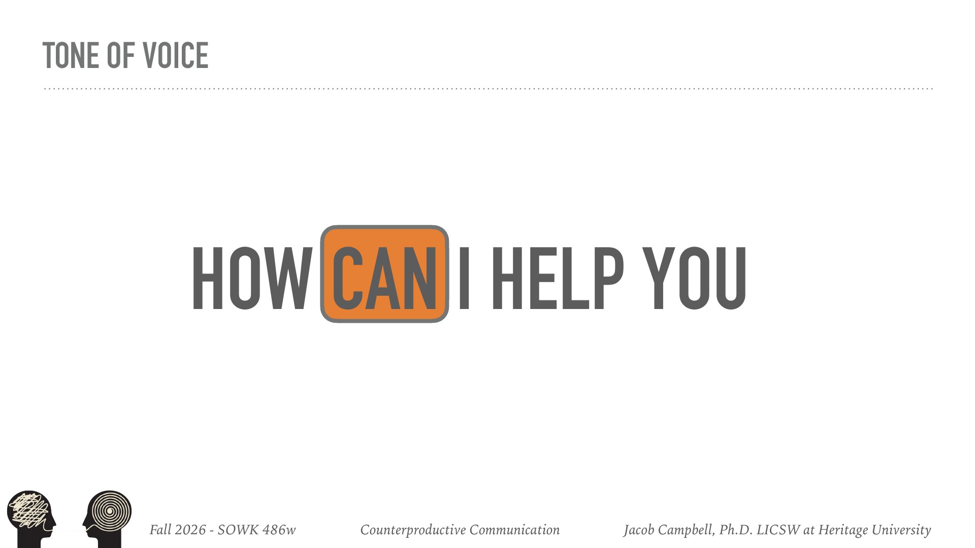 A presentation slide titled 'Tone of Voice' displays the phrase 'HOW CAN I HELP YOU' with the word 'CAN' emphasized in an orange rounded box on a light gray background, representing supportive communication language in a Fall 2026 counterproductive communication course.