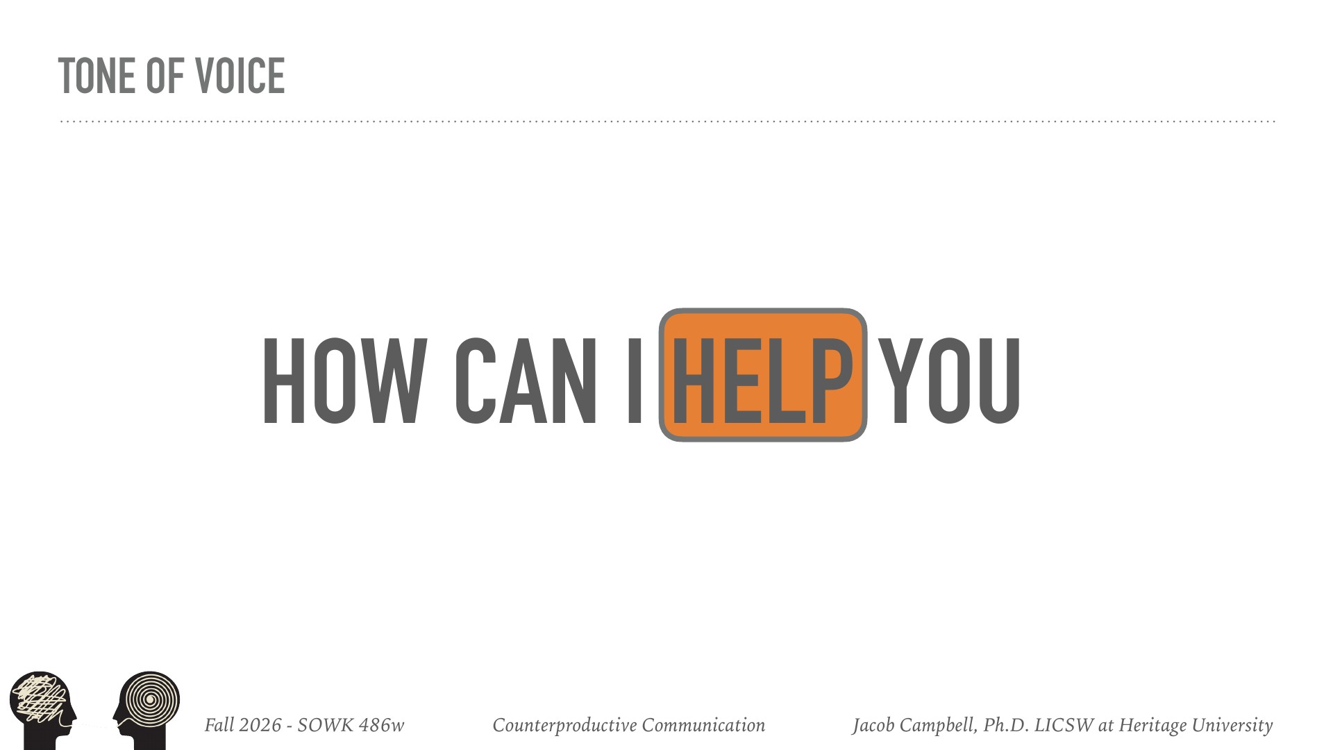 A presentation slide titled 'Tone of Voice' displays the phrase 'HOW CAN I HELP YOU' with 'HELP' emphasized in an orange rounded box, demonstrating how highlighting changes perceived tone. Footer shows course details: Fall 2026 SOWK 486w, Counterproductive Communication, Jacob Campbell Ph.D. LICSW at Heritage University, with two stylized head icons indicating communication concepts.