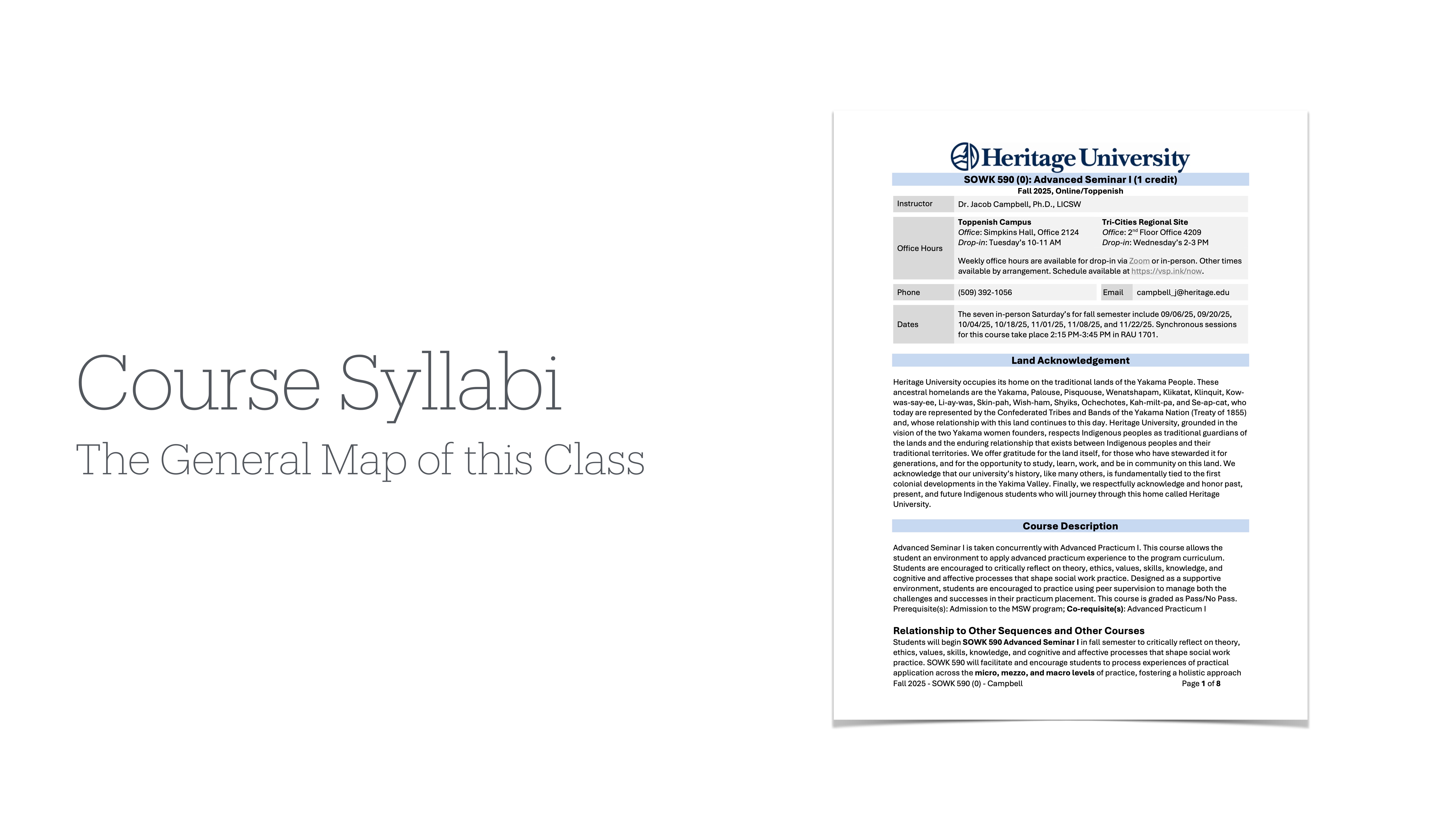 A syllabus is displayed alongside a title. The title reads, 'Course Syllabi: The General Map of this Class.' The syllabus header includes 'Heritage University.'