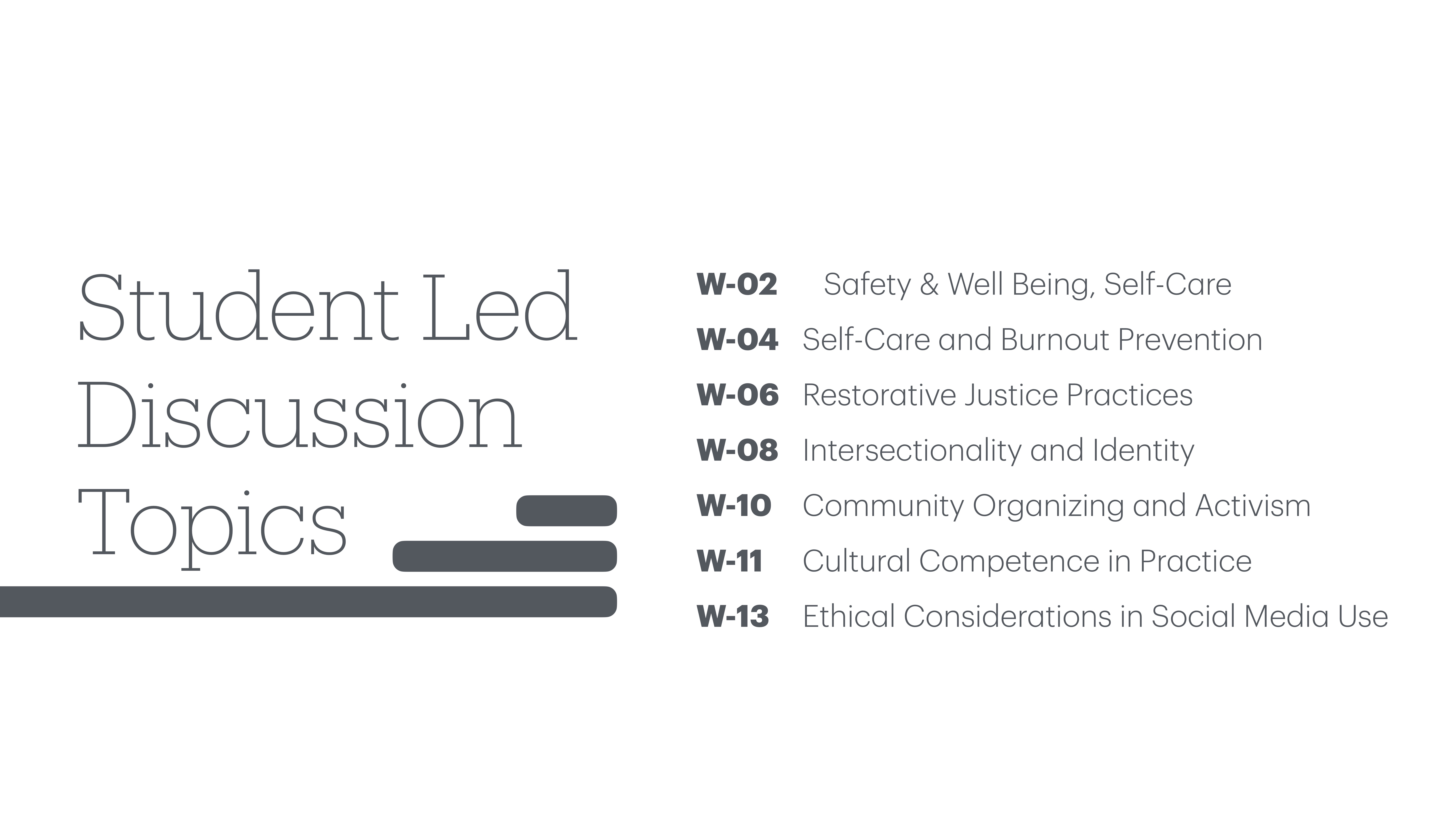 Slide displaying discussion topics with the heading 'Student Led Discussion Topics.' It lists topics with corresponding codes: Safety & Well Being, Self-Care; Self-Care and Burnout Prevention; Restorative Justice Practices; Intersectionality and Identity; Community Organizing and Activism; Cultural Competence in Practice; Ethical Considerations in Social Media Use.