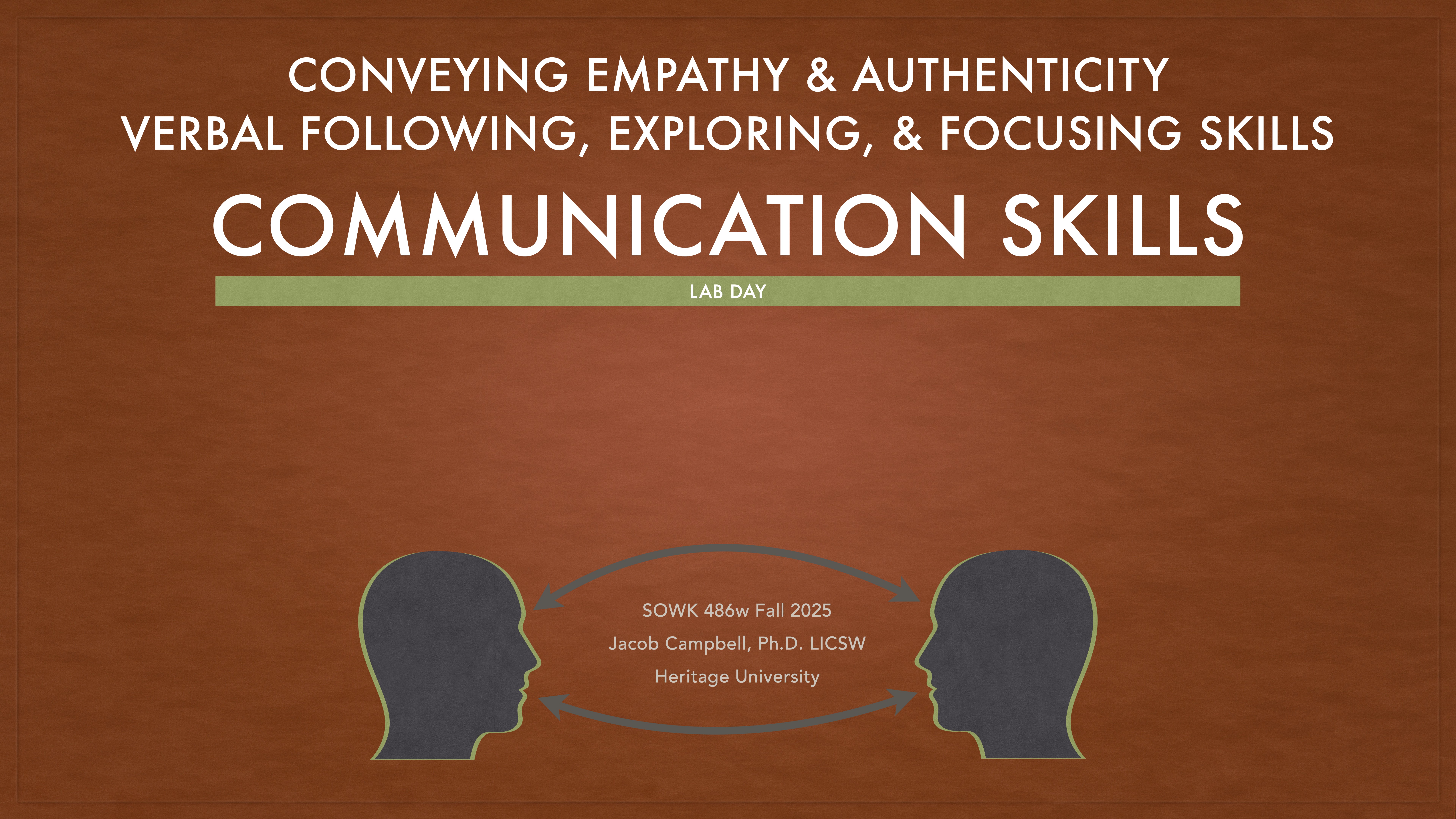 The slide features text discussing 'communication skills,' focusing on conveying empathy and authenticity. Two outlined profiles face each other. Context includes a brown background with informational text about a course.