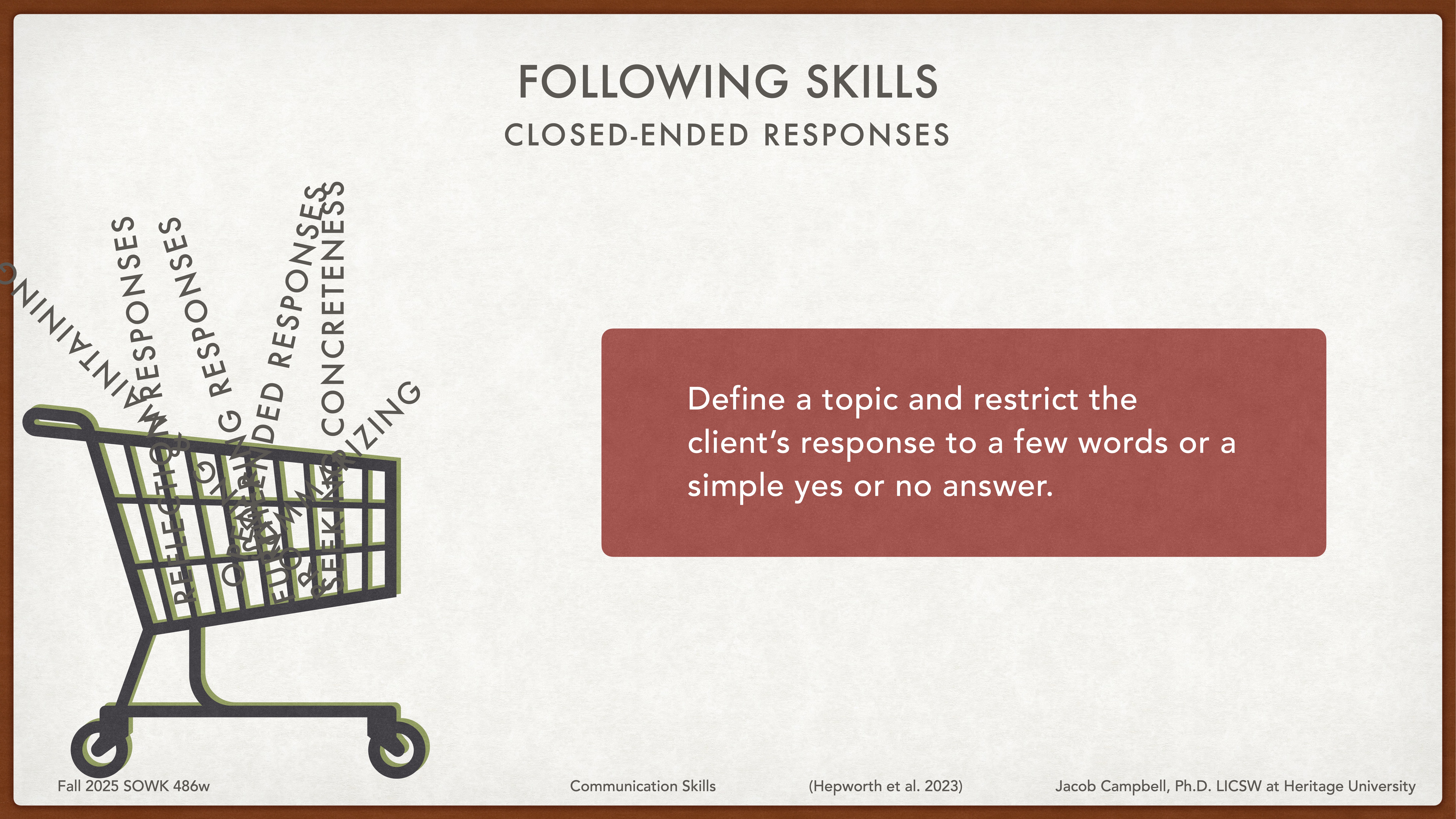 Shopping cart carries words 'closed responses,' 'focusing,' 'concreteness,' and 'minimal encouragers' diagonally. Red box reads: 'Define a topic and restrict the client’s response to a few words or a simple yes or no answer.' Top text: 'FOLLOWING SKILLS CLOSED-ENDED RESPONSES.' Bottom text includes 'Fall 2023 SOWK 486w,' 'Communication Skills (Hepworth et al. 2023),' 'Jacob Campbell, Ph.D., LICSW at Heritage University.'