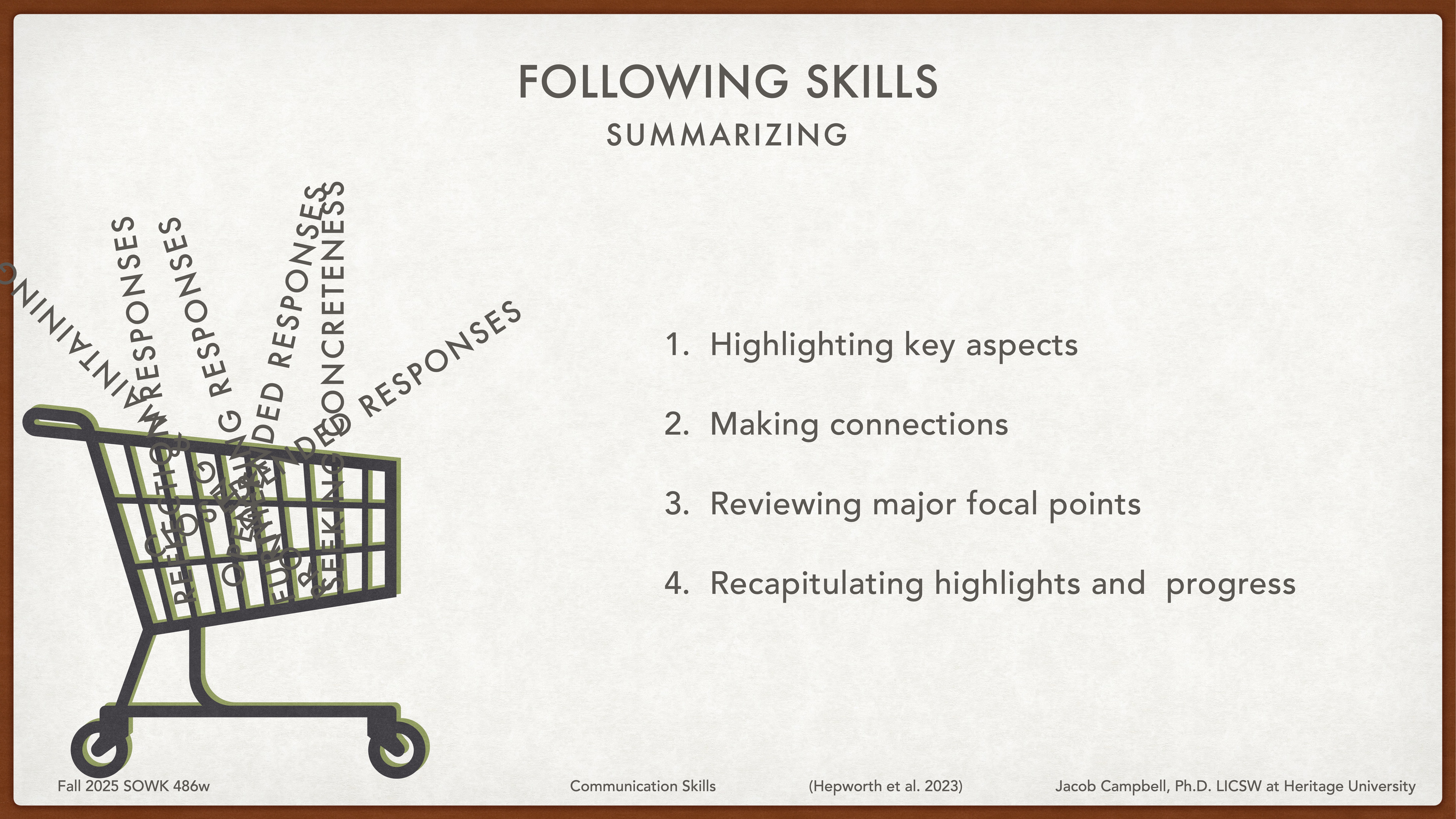 A shopping cart holds various text labels, such as 'Responses' and 'Concreteness.' Nearby, a list outlines summarizing skills: highlighting key aspects, making connections, reviewing focal points, and recapitulating progress.