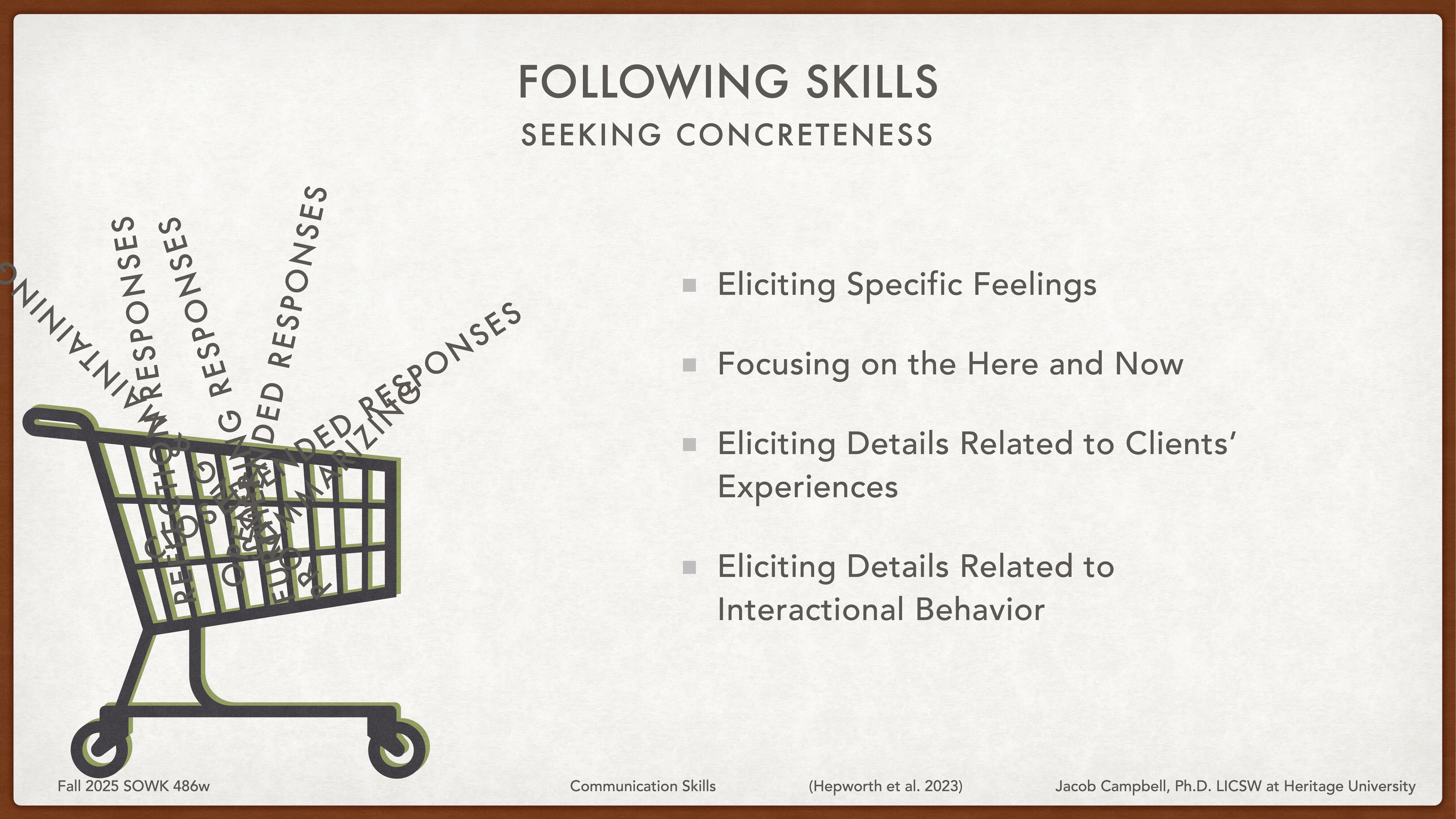 Shopping cart features text 'MINIMAL ENCOURAGES,' 'FOLLOWED RESPONSES,' and 'RELATED RESPONSES'; slide lists 'Eliciting Specific Feelings,' 'Focusing on the Here and Now,' 'Eliciting Details Related to Clients’ Experiences,' 'Eliciting Details Related to Interactional Behavior.'