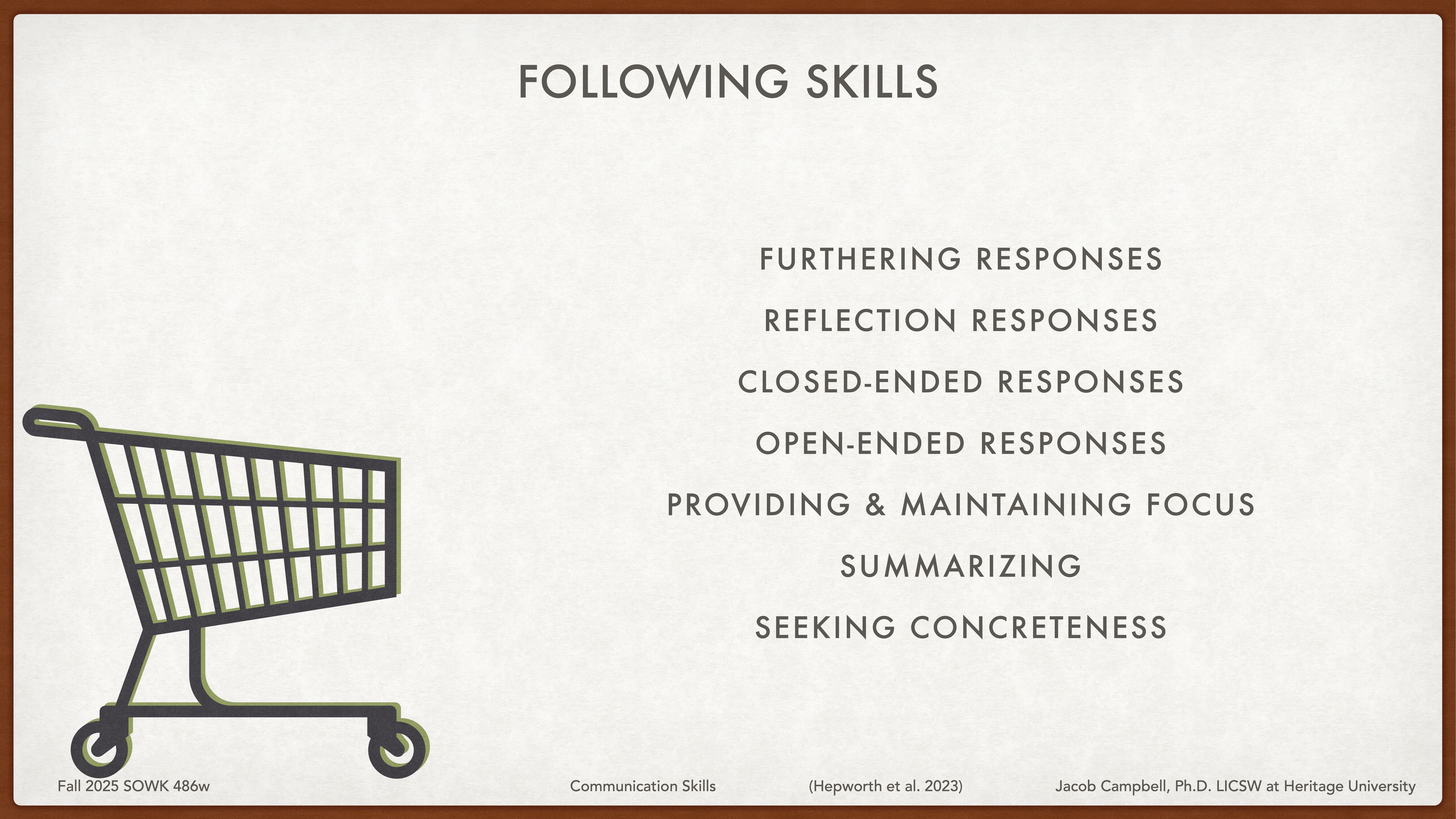 Shopping cart image on left; text on right titled 'FOLLOWING SKILLS' lists: Furthering Responses, Reflection Responses, Closed-Ended Responses, Open-Ended Responses, Providing & Maintaining Focus, Summarizing, Seeking Concreteness. Context: educational slide.
