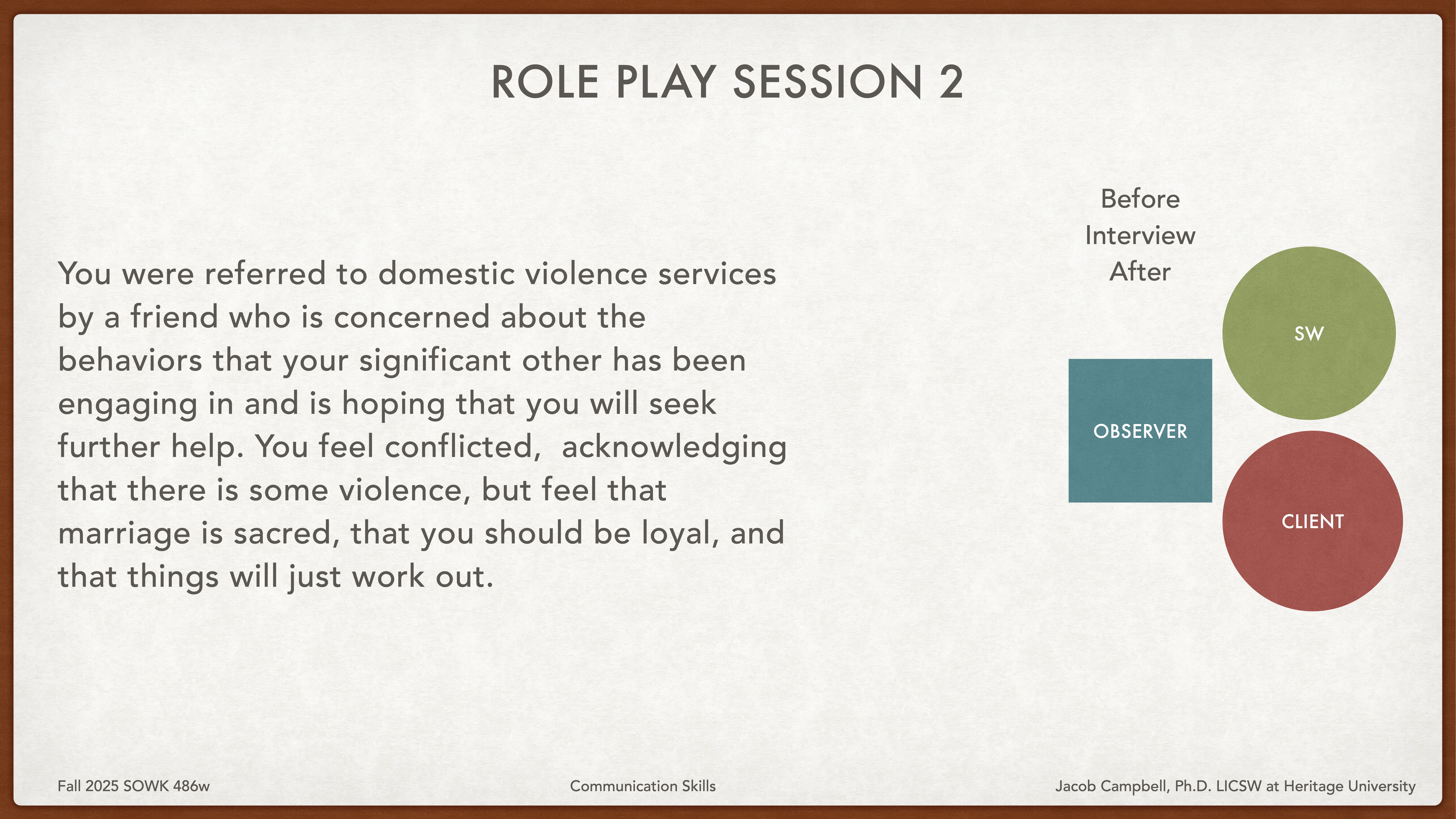 Slide titled 'Role Play Session 2' describes a referral to domestic violence services with feelings of conflict about marriage loyalty. Includes a diagram with circles labeled 'SW,' 'Client,' and 'Observer.'