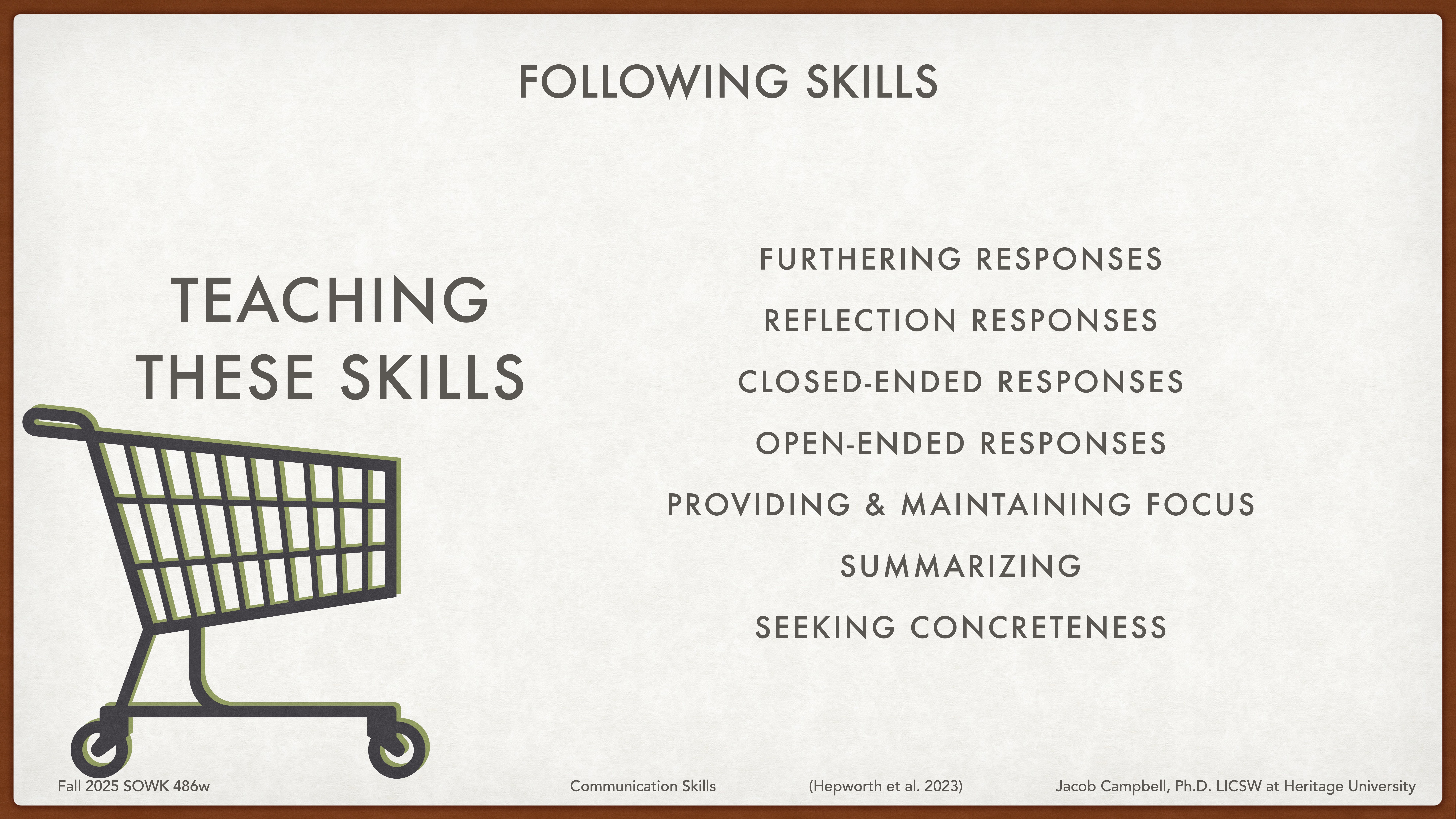 A shopping cart appears beside text listing skills: 'Furthering Responses, Reflection Responses, Closed-Ended Responses, Open-Ended Responses, Providing & Maintaining Focus, Summarizing, Seeking Concreteness.' Context: Presentation slide on communication skills.