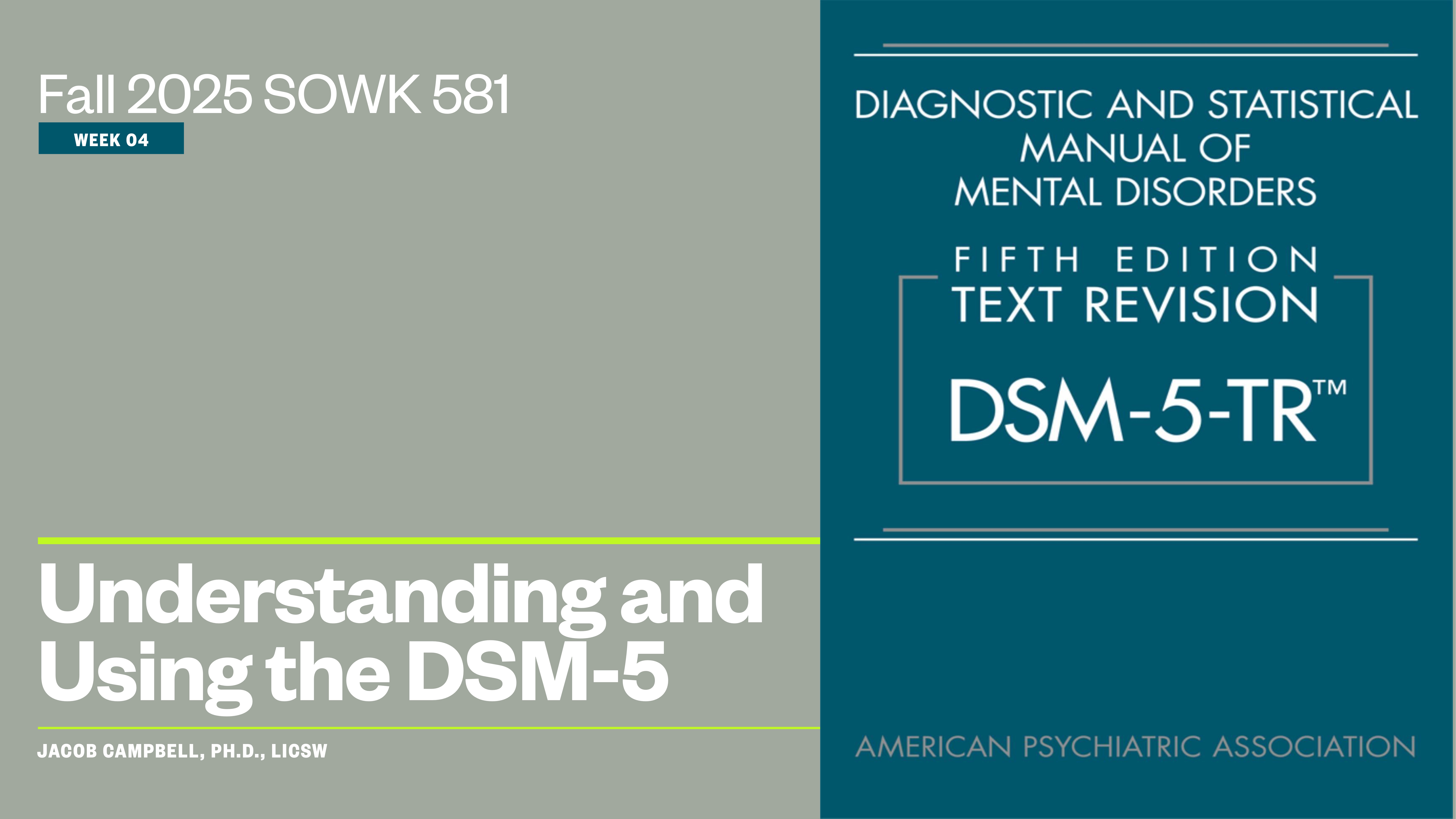 The image is a presentation slide featuring 'Understanding and Using the DSM-5' with text about the 'Diagnostic and Statistical Manual of Mental Disorders, DSM-5-TR' by the American Psychiatric Association. It mentions 'Fall 2025 SOWK 581, WEEK 04' and 'JACOB CAMPBELL, PH.D., LICSW.'