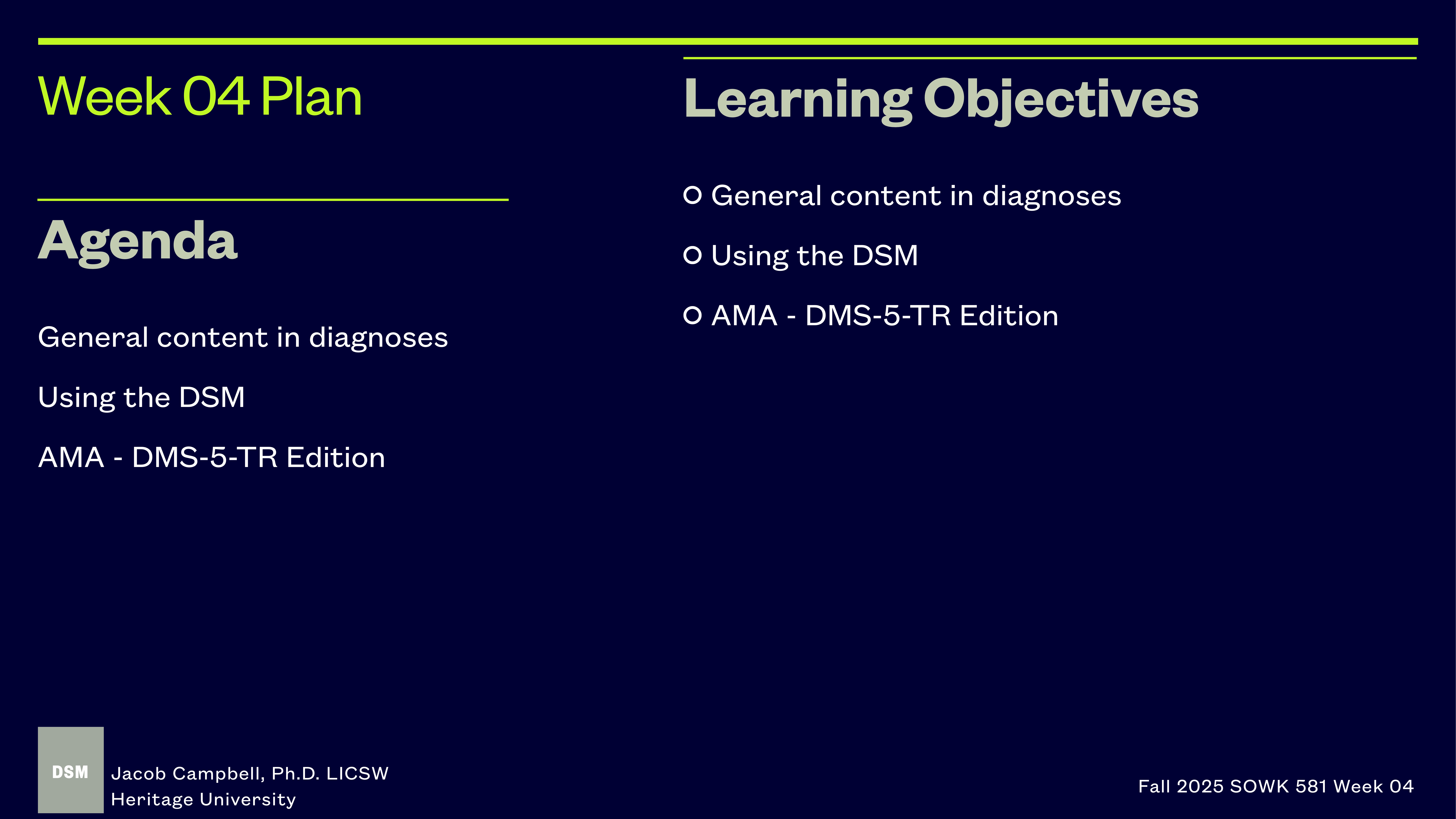 Slide with 'Week 04 Plan' title shows 'Agenda' and 'Learning Objectives,' discussing general diagnostic content, using the DSM, and AMA DSM-5-TR edition. Presented by Jacob Campbell at Heritage University.