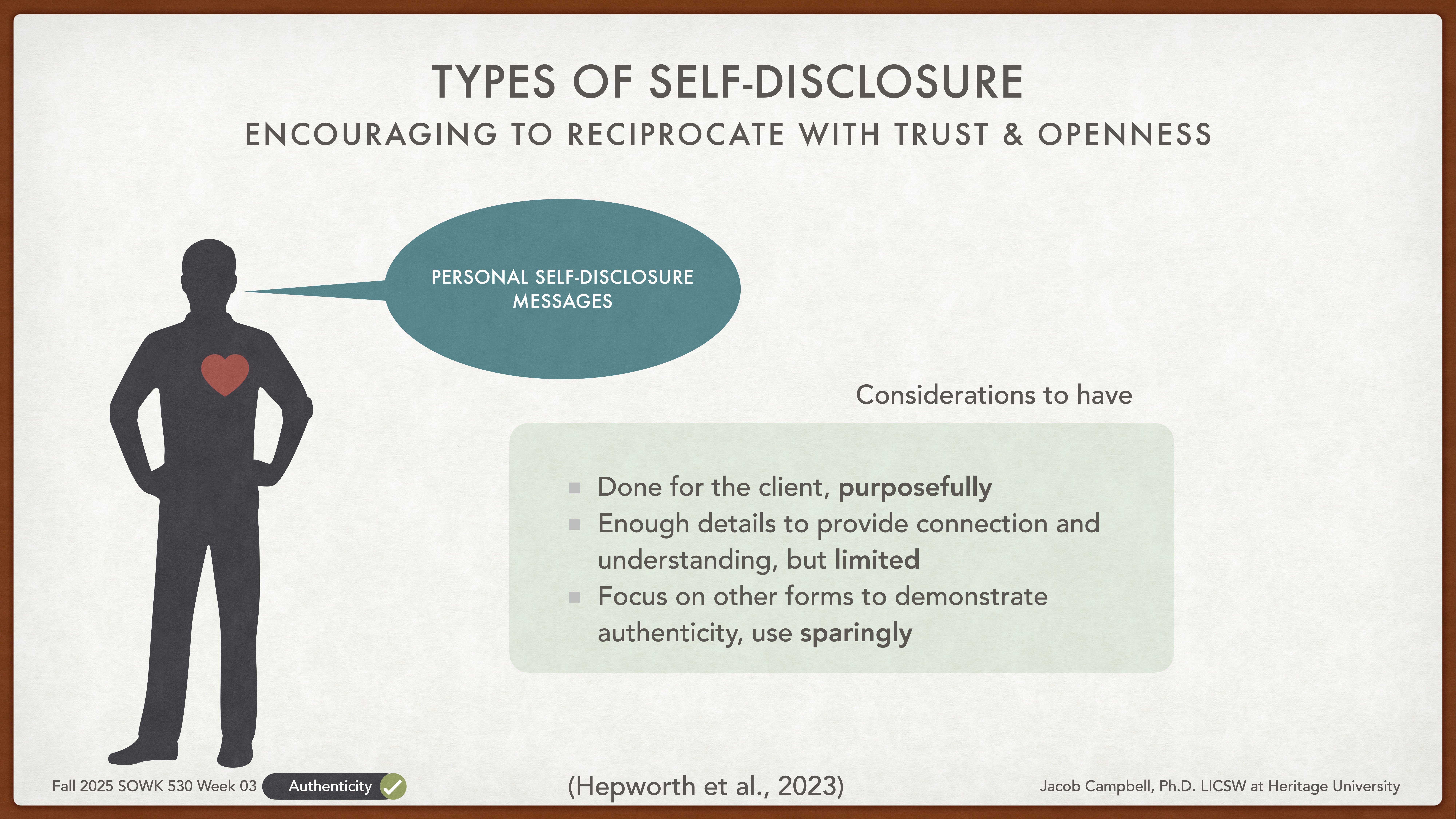 A silhouette with a heart symbol is depicted. An arrow labeled 'Personal Self-Disclosure Messages' extends from the figure. Surrounding text discusses 'Types of Self-Disclosure' with considerations for practice.